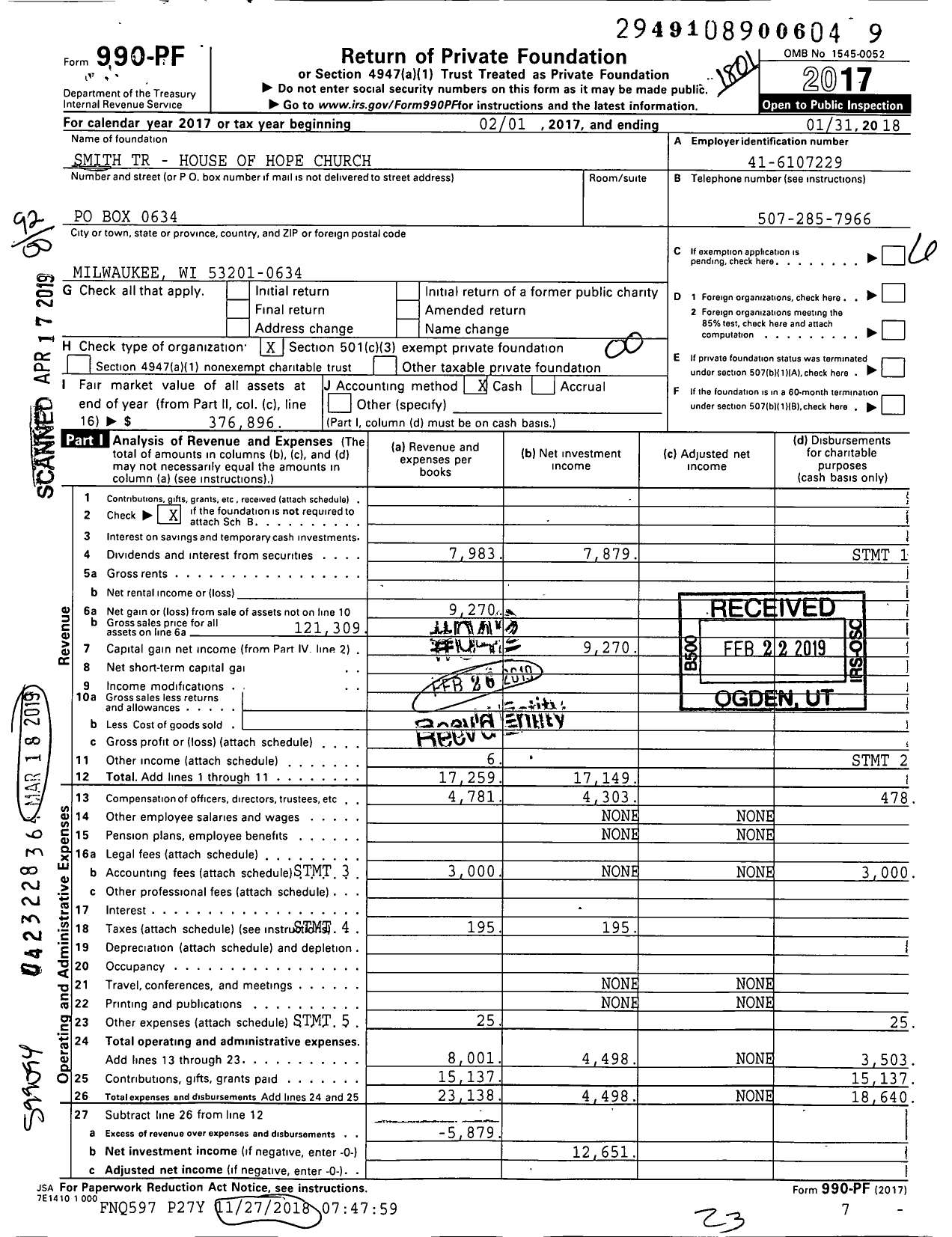 Image of first page of 2017 Form 990PF for Smith TR - House of Hope Church