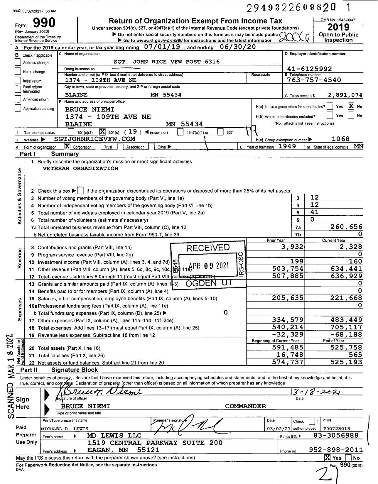 Image of first page of 2019 Form 990O for MN VFW - 6316 SGT John Rice Post