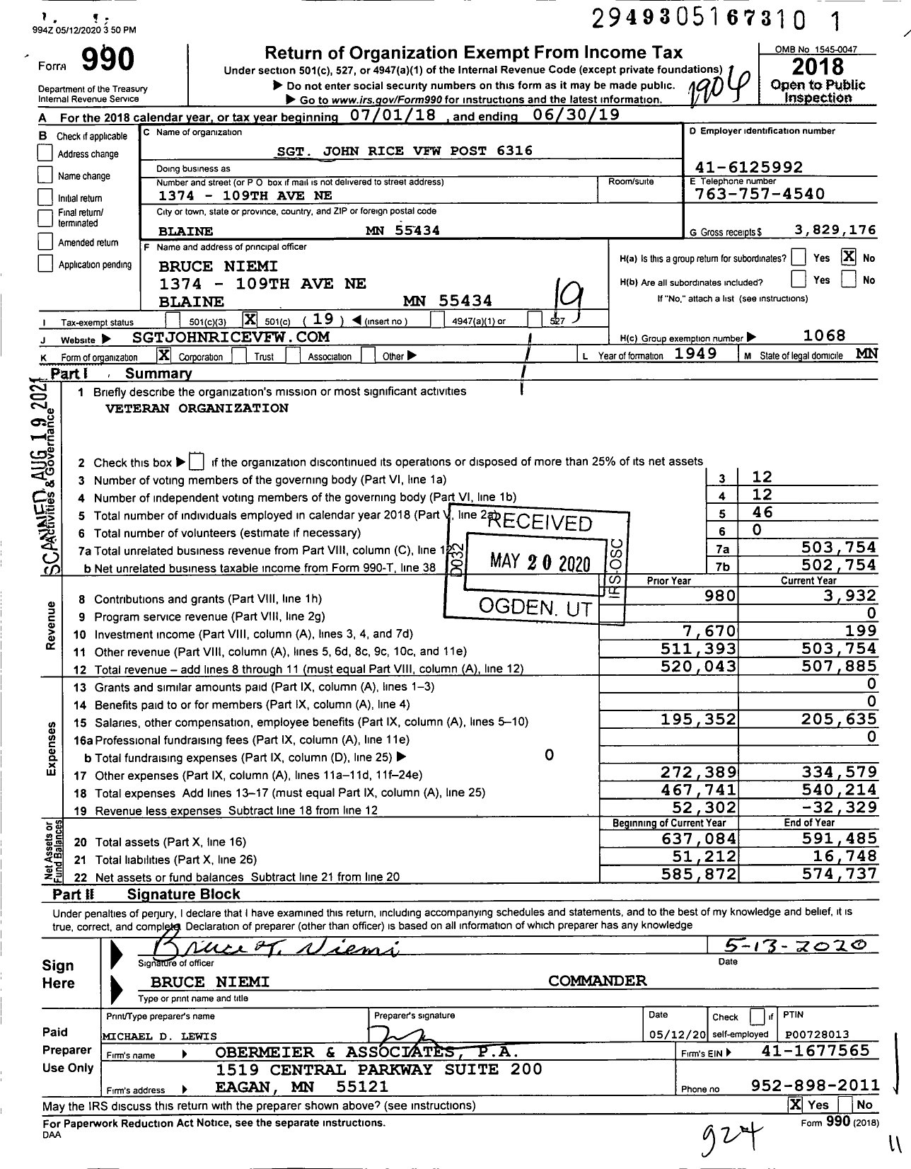 Image of first page of 2018 Form 990O for MN VFW - 6316 SGT John Rice Post