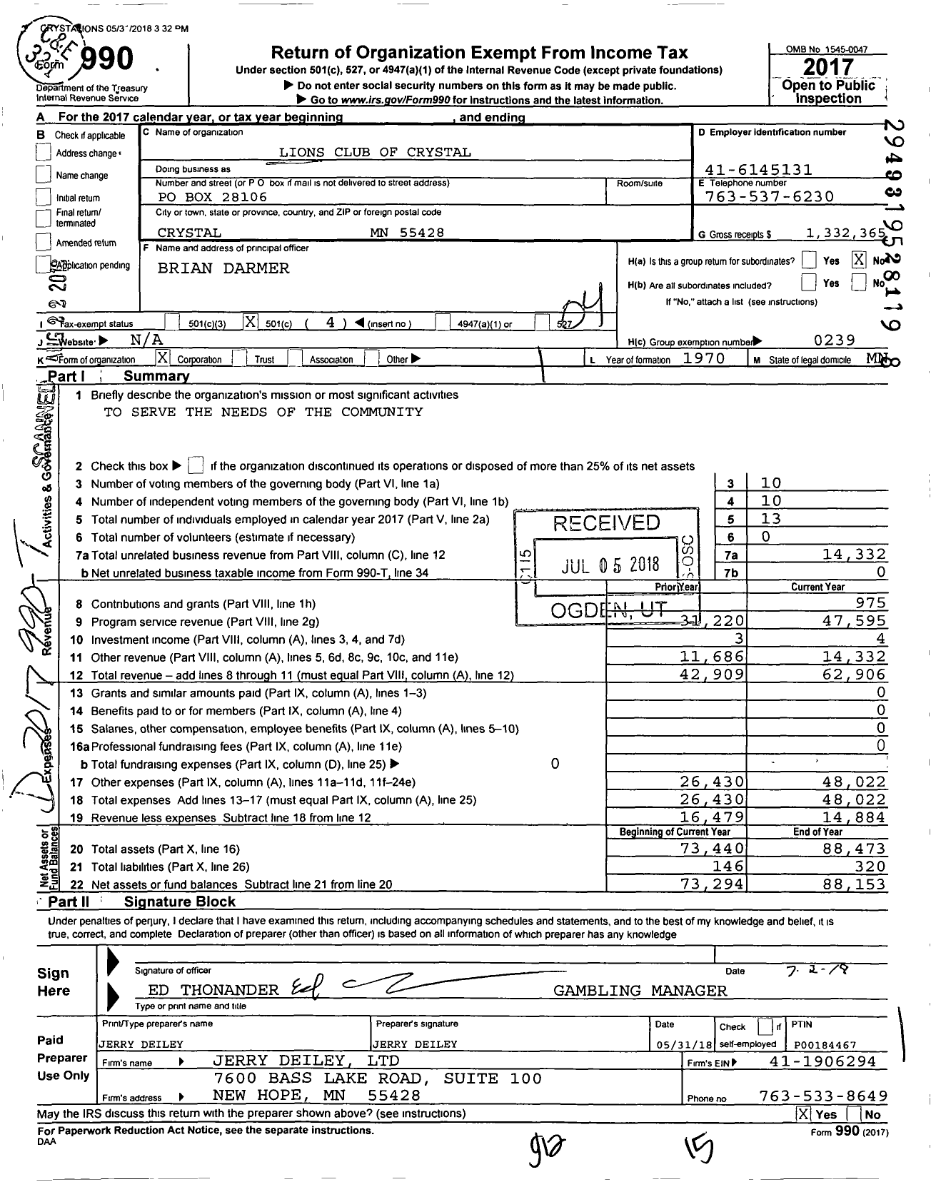 Image of first page of 2017 Form 990O for Lions Clubs - 2953 Cyrstal