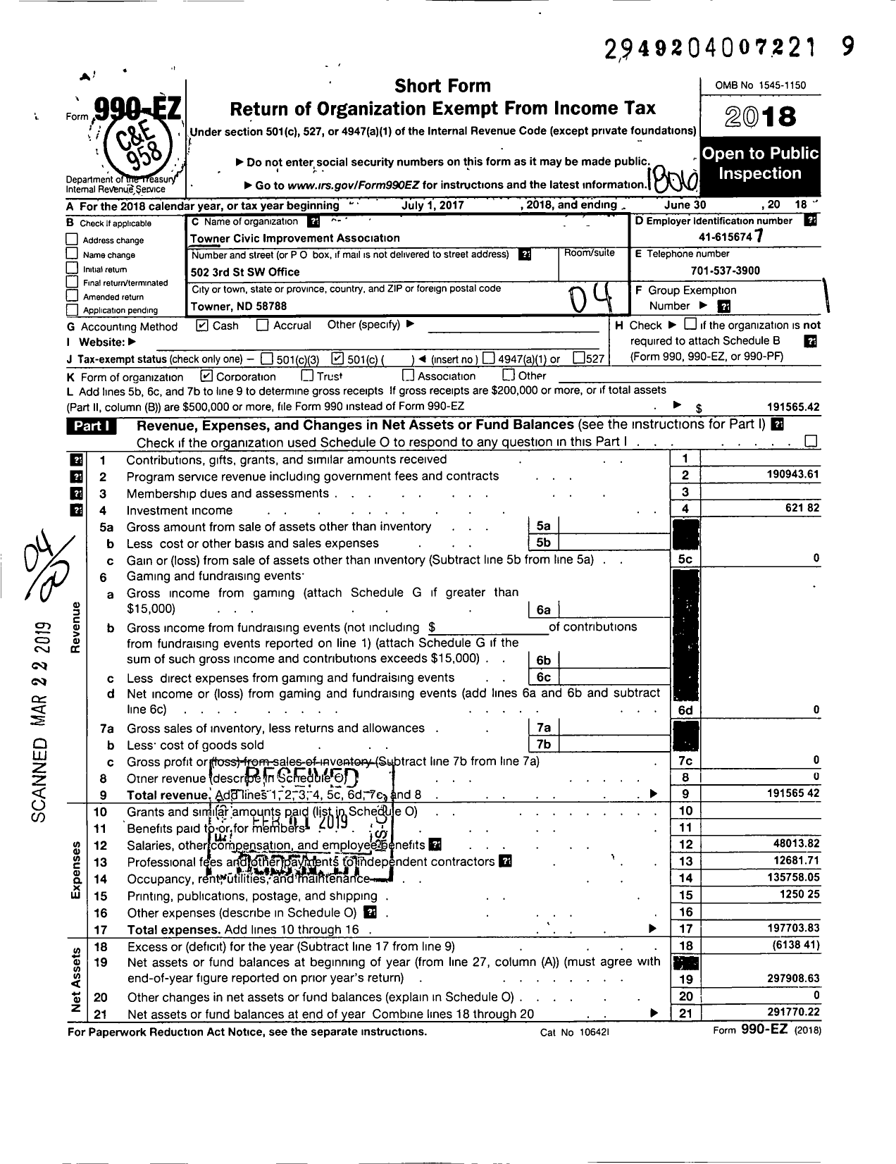 Image of first page of 2017 Form 990EO for Towner Civic Improvement Association