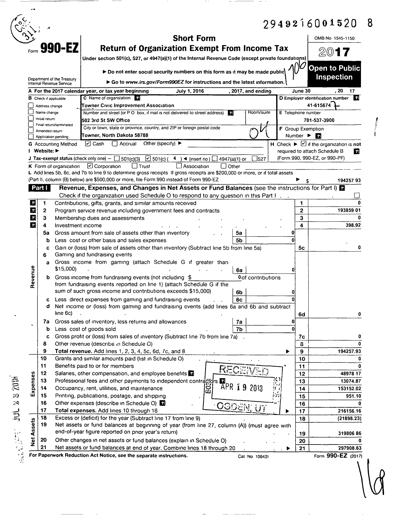 Image of first page of 2016 Form 990EO for Towner Civic Improvement Association