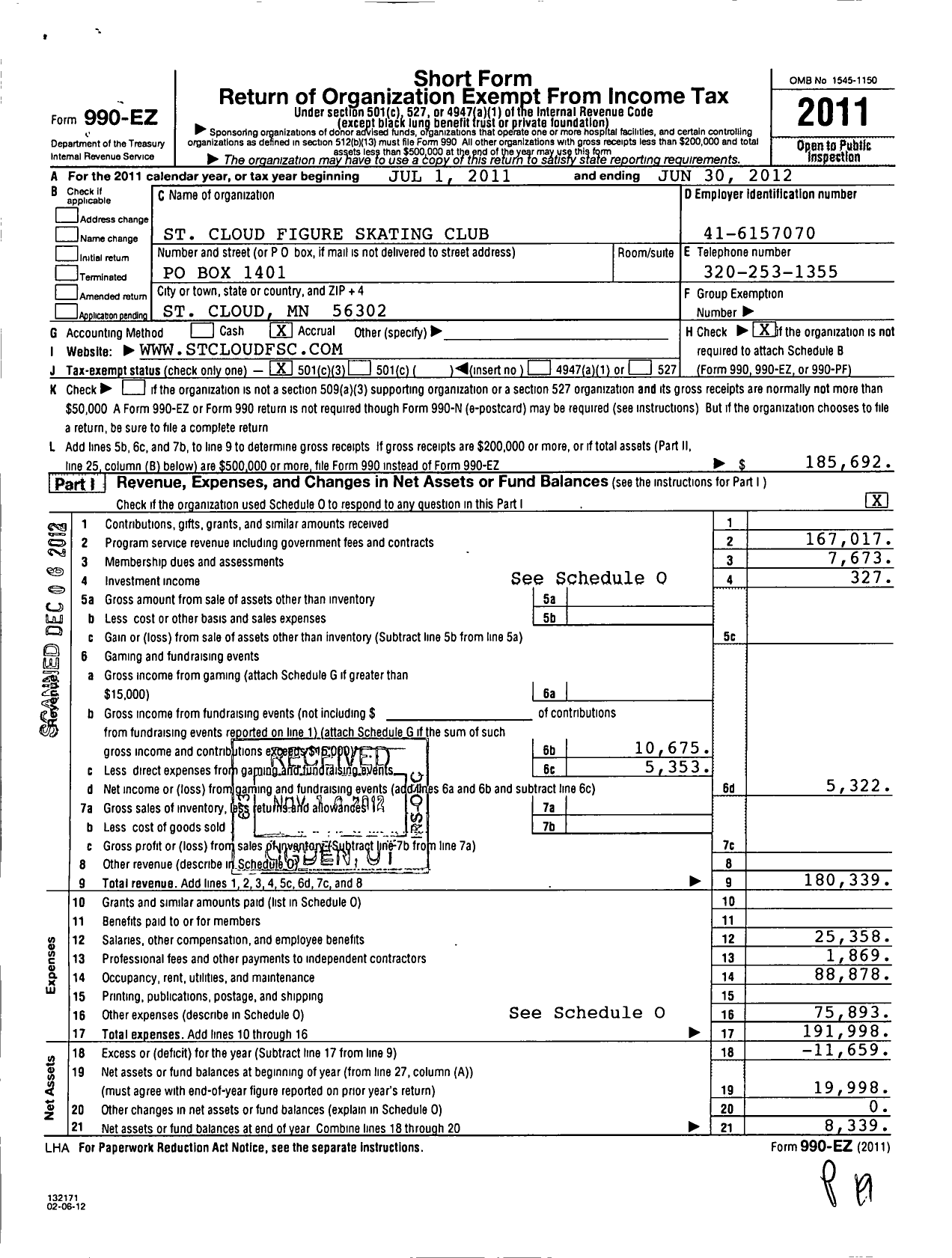 Image of first page of 2011 Form 990EZ for St Cloud Figure Skating Club
