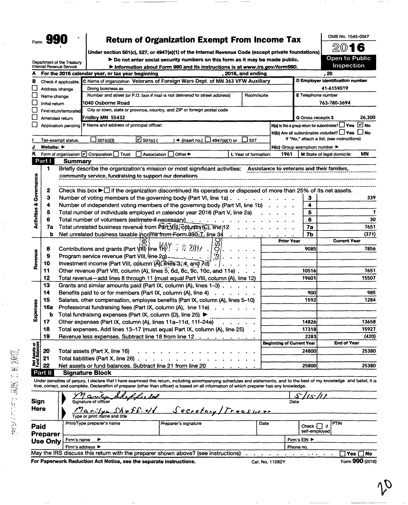 Image of first page of 2016 Form 990O for Auxiliary Department of Minnesota Veterans of Foreign Wars - 363 Fridley Auxiliary