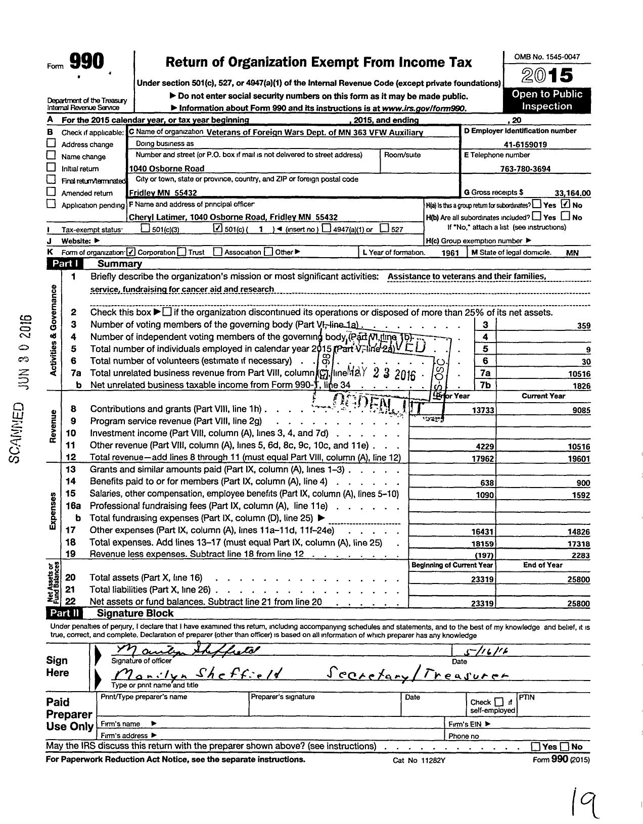 Image of first page of 2015 Form 990O for Auxiliary Department of Minnesota Veterans of Foreign Wars - 363 Fridley Auxiliary