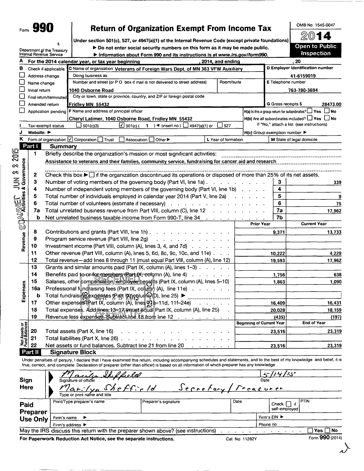 Image of first page of 2014 Form 990O for Auxiliary Department of Minnesota Veterans of Foreign Wars - 363 Fridley Auxiliary