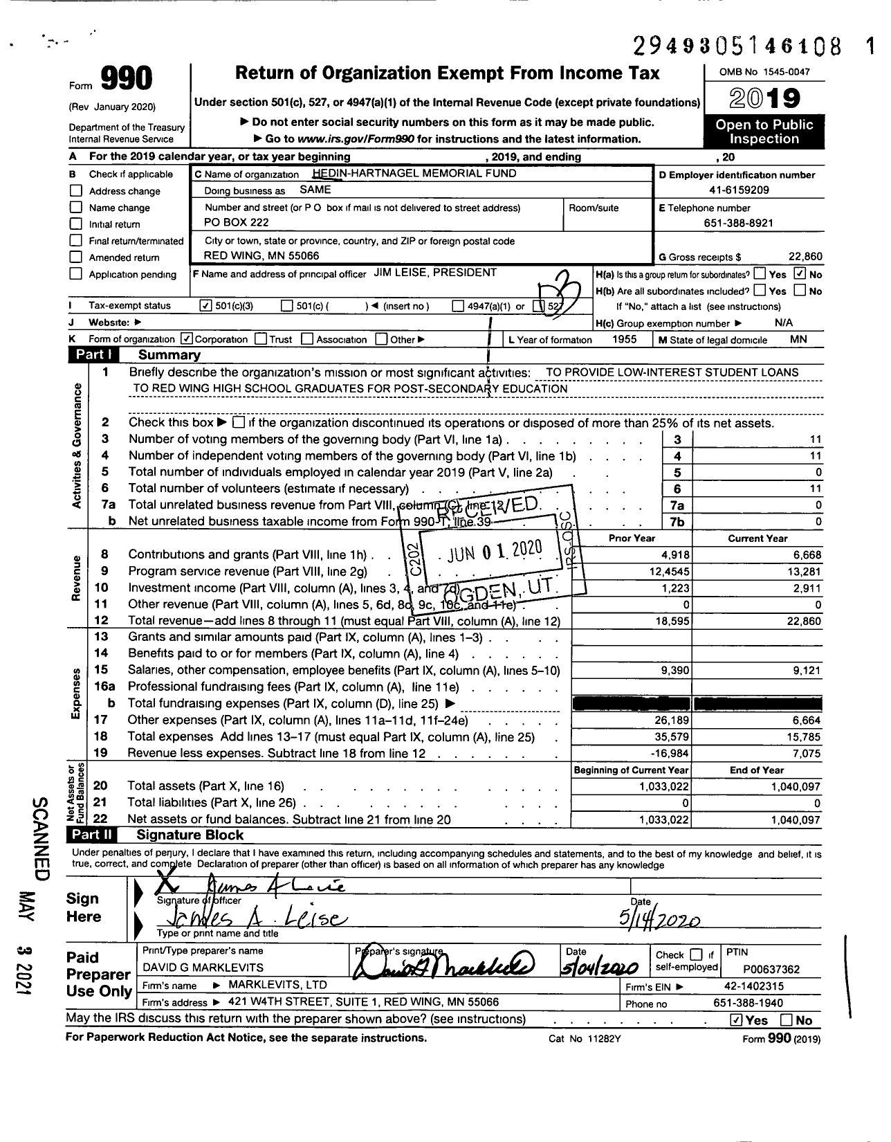 Image of first page of 2019 Form 990 for Hedin-Hartnagel Memorial Fund