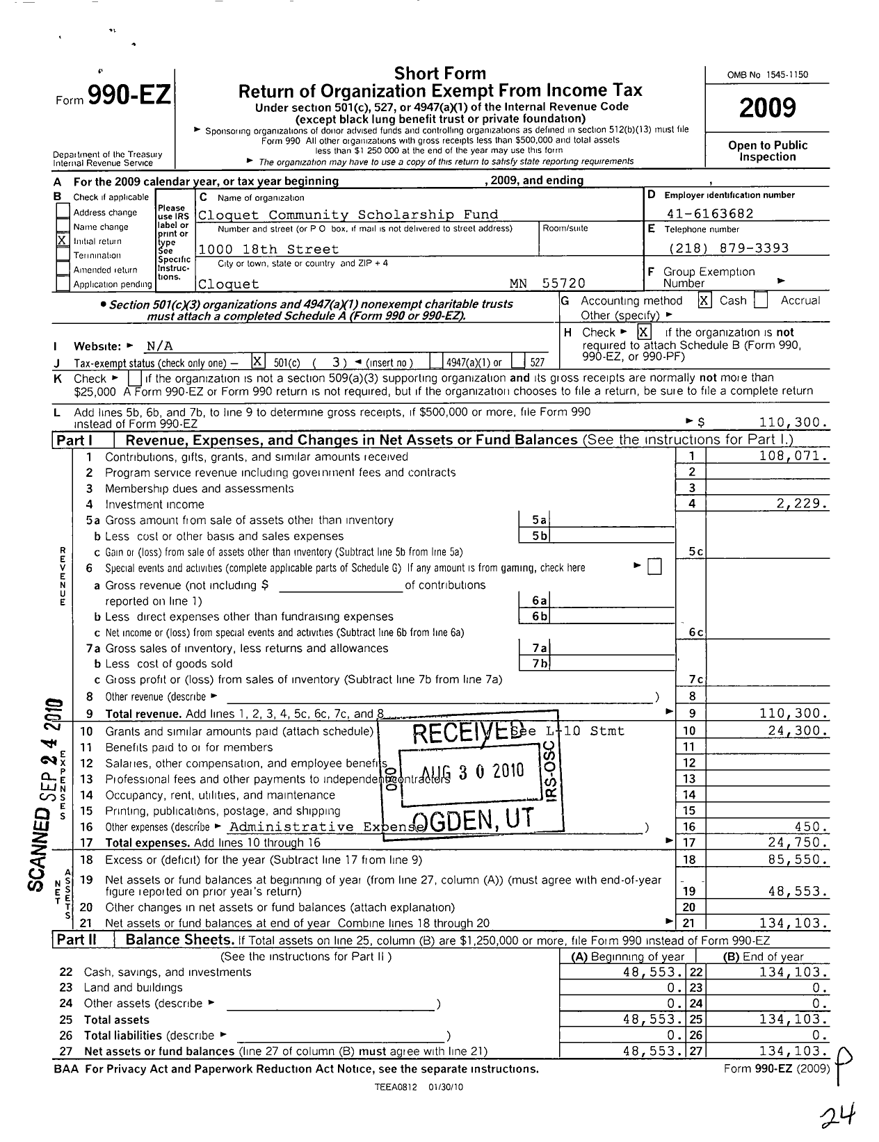 Image of first page of 2009 Form 990EZ for Cloquet Community Scholarship