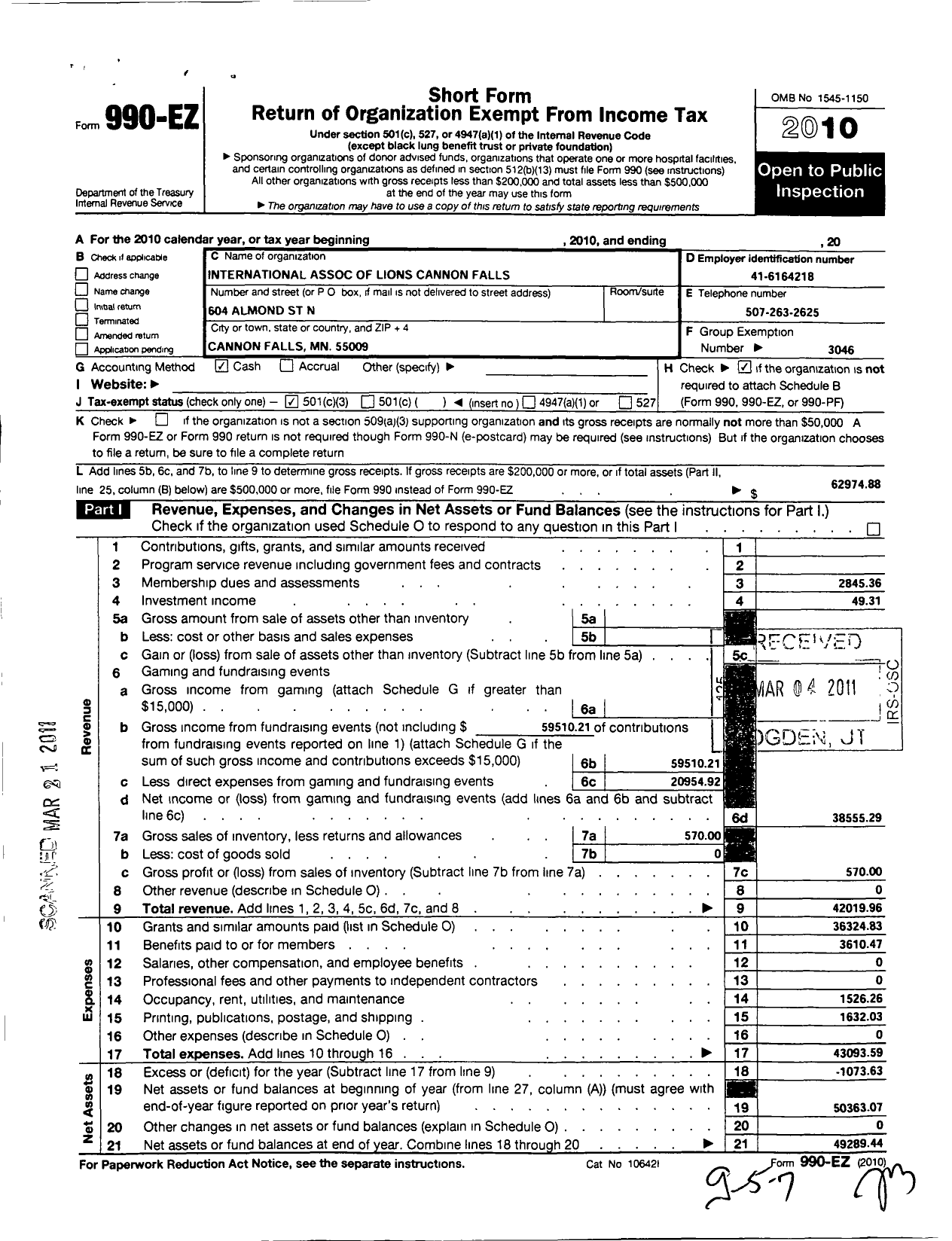 Image of first page of 2010 Form 990EZ for Lions Clubs - 3046 Cannon Falls