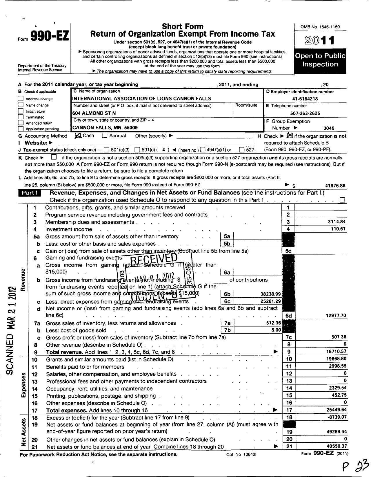 Image of first page of 2011 Form 990EO for Lions Clubs - 3046 Cannon Falls