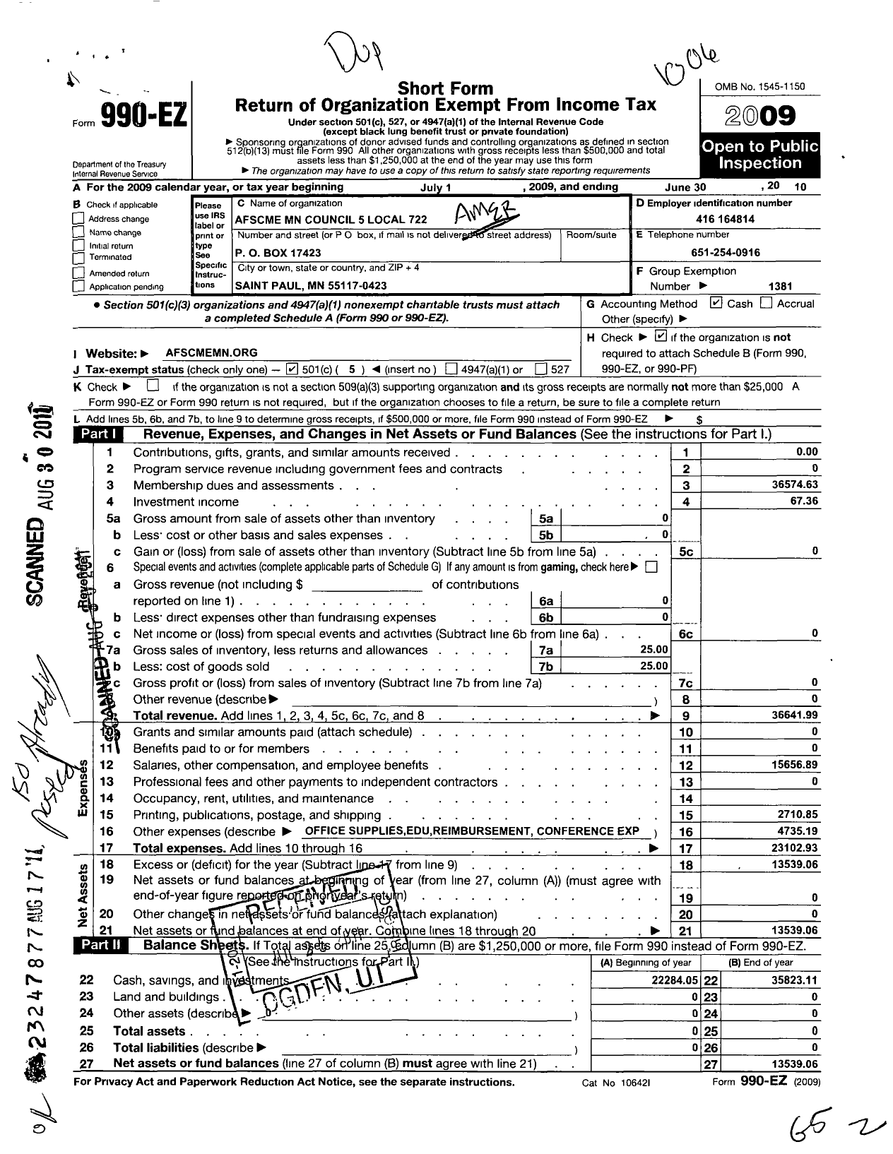 Image of first page of 2009 Form 990EO for American Federation of State County & Municipal Employees - L0722MN Regions Hospital Employees