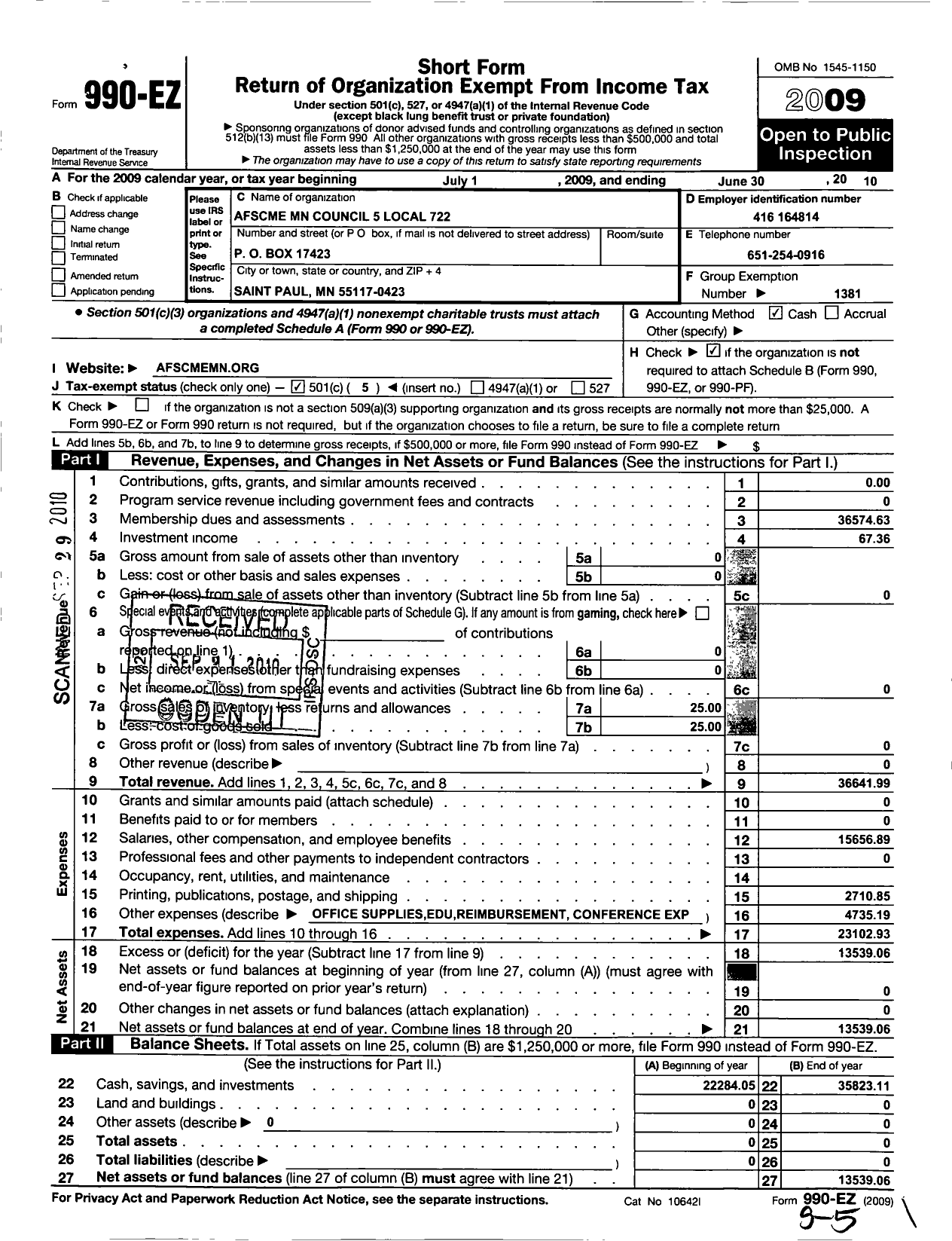 Image of first page of 2009 Form 990EO for American Federation of State County & Municipal Employees - L0722MN Regions Hospital Employees