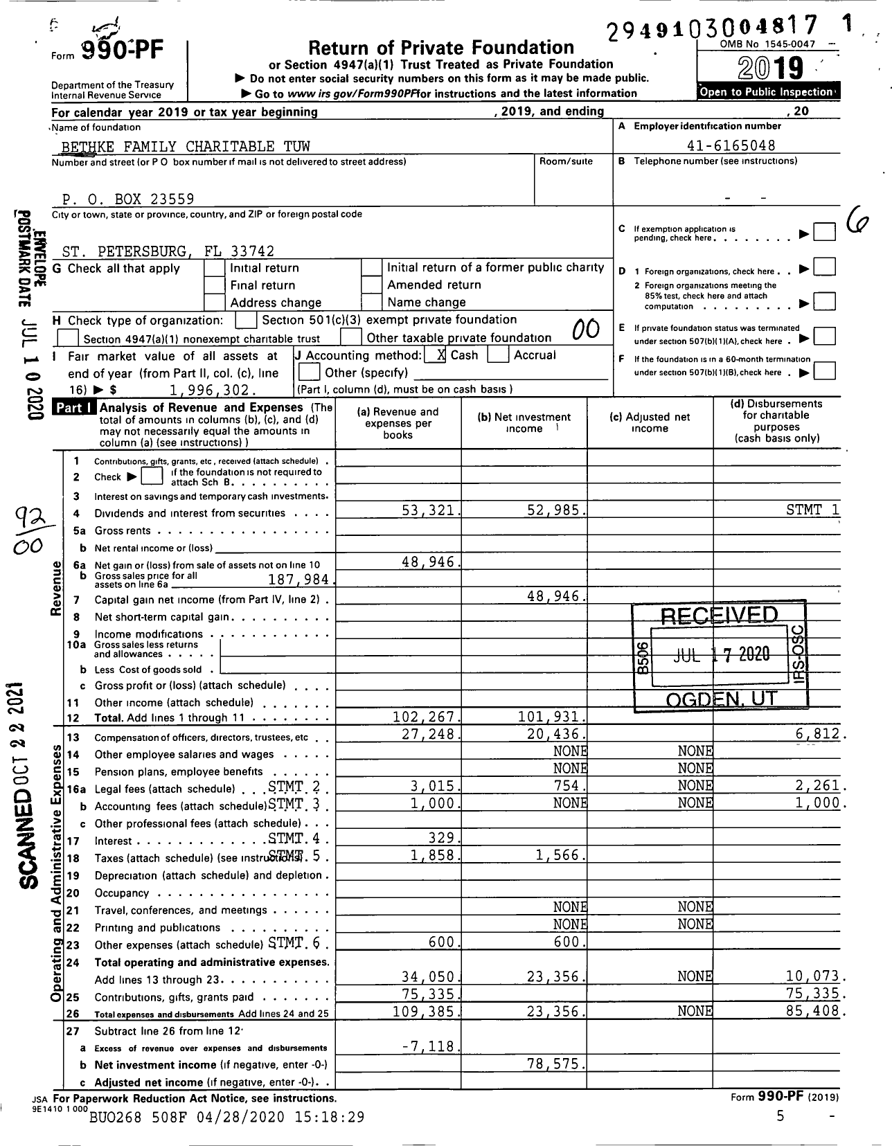 Image of first page of 2019 Form 990PF for Bethke Family Charitable Tuw