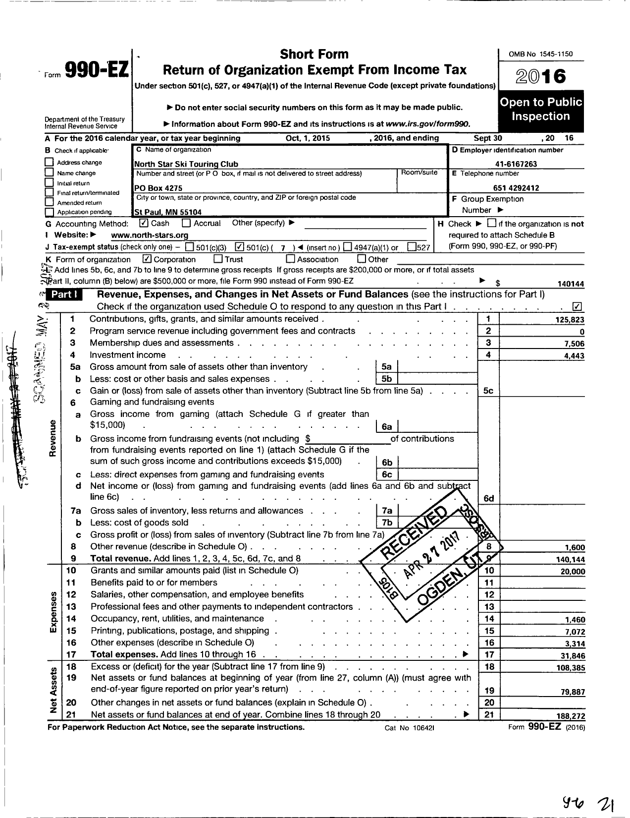 Image of first page of 2015 Form 990EO for North Star Ski Touring Club