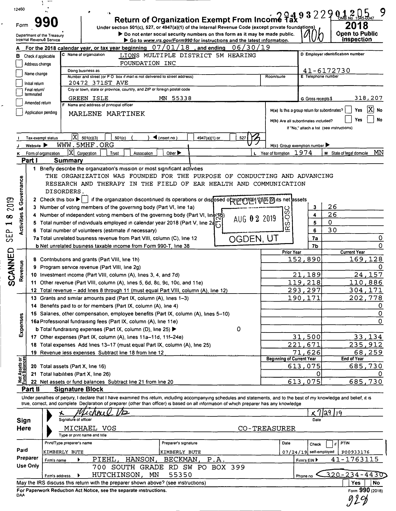 Image of first page of 2018 Form 990 for Minnesota Lions Hearing Foundation