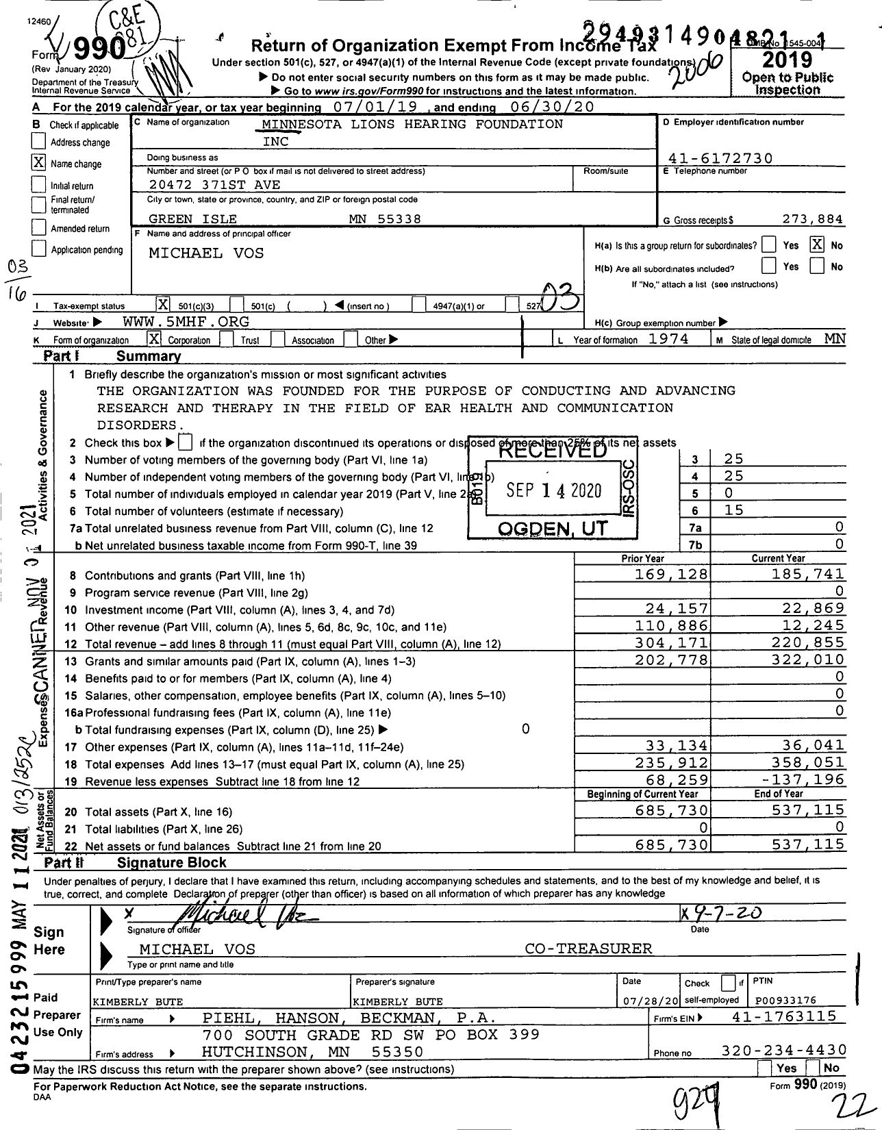 Image of first page of 2019 Form 990 for Minnesota Lions Hearing Foundation