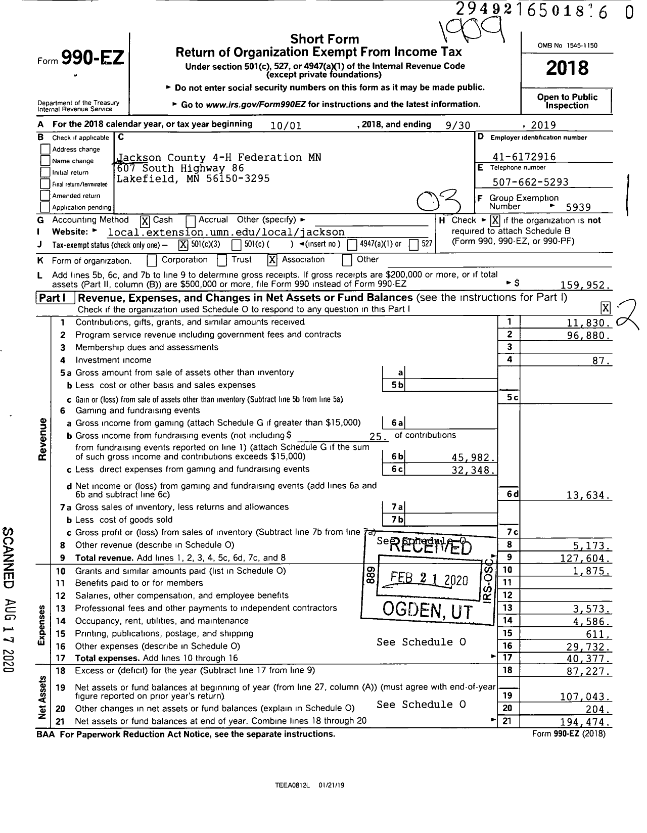 Image of first page of 2018 Form 990EZ for Jackson County 4-H Federation MN