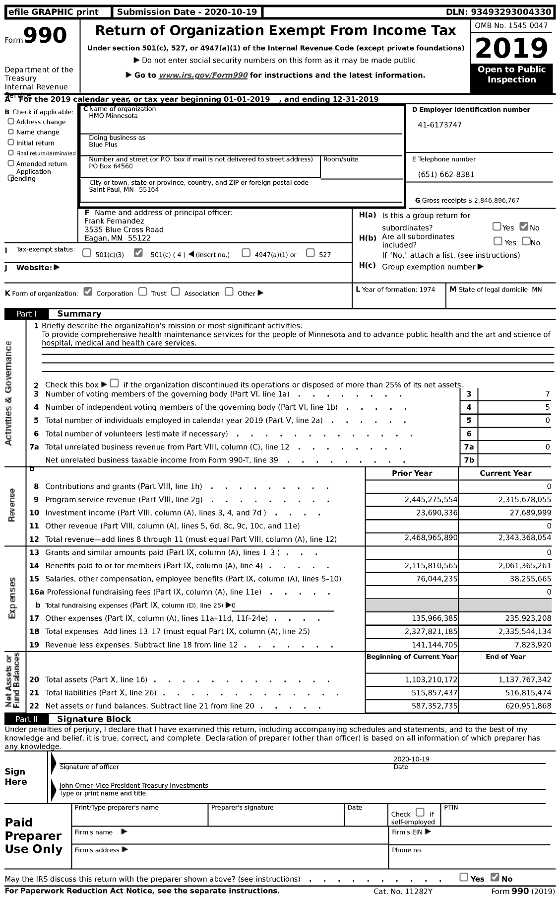 Image of first page of 2019 Form 990 for Blue Plus