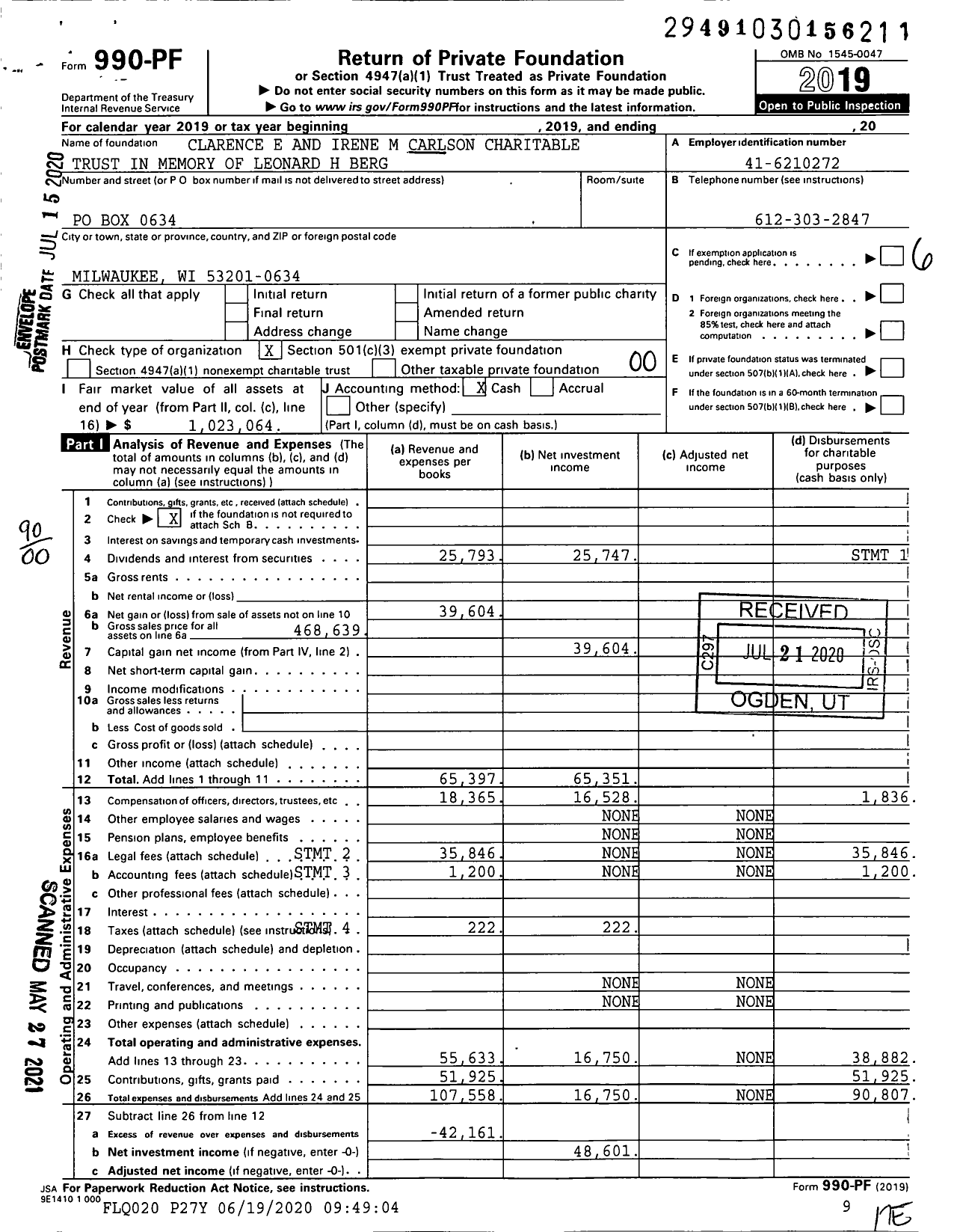 Image of first page of 2019 Form 990PF for Clarence E and Irene M Carlson Charitable