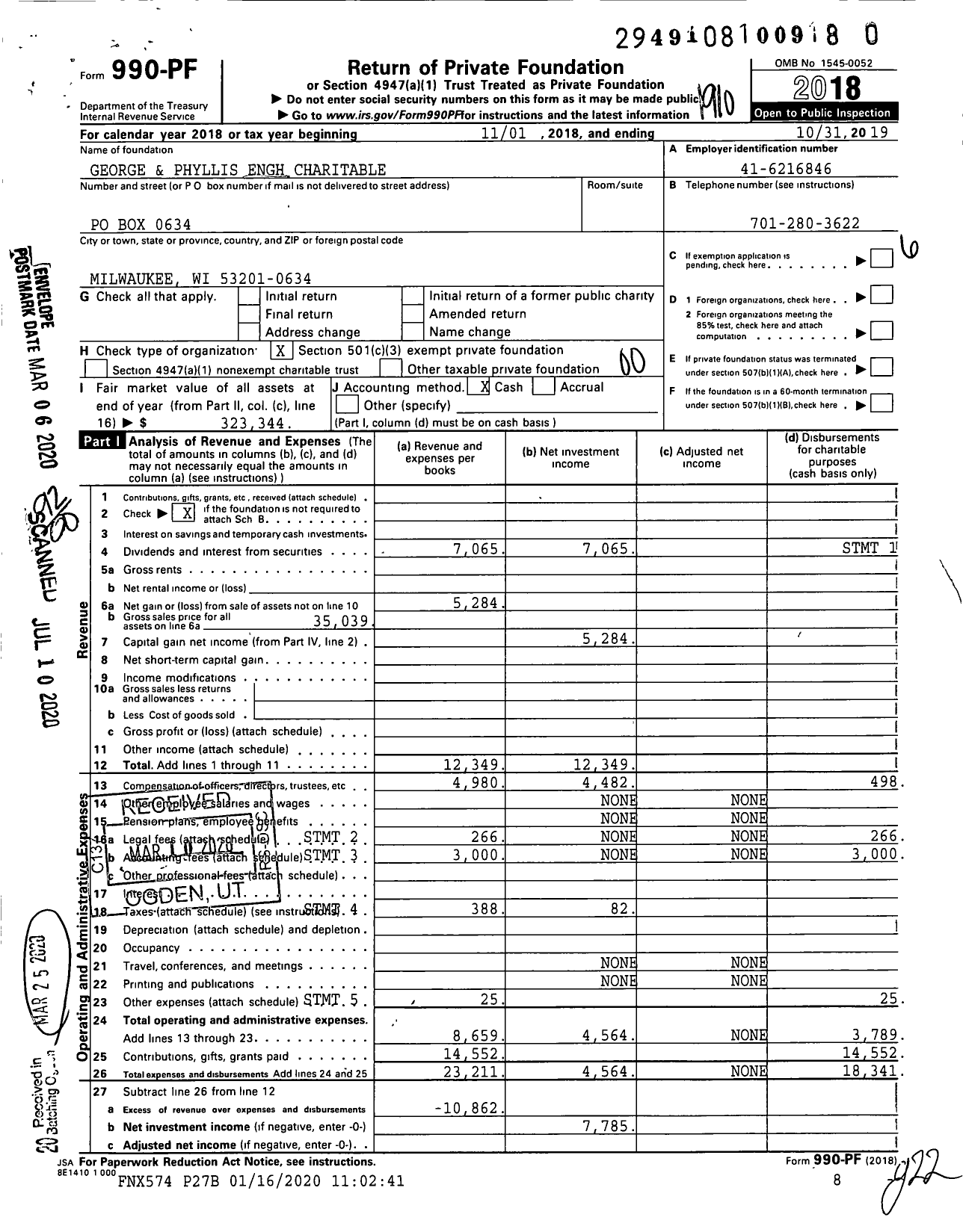 Image of first page of 2018 Form 990PR for George and Phyllis Engh Charitable