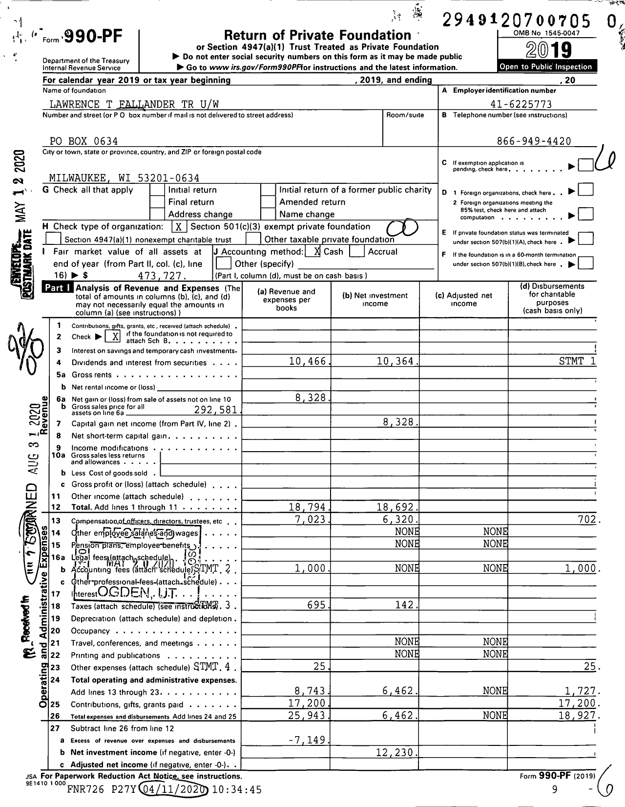 Image of first page of 2019 Form 990PR for Lawrence T Fallander TR Uw