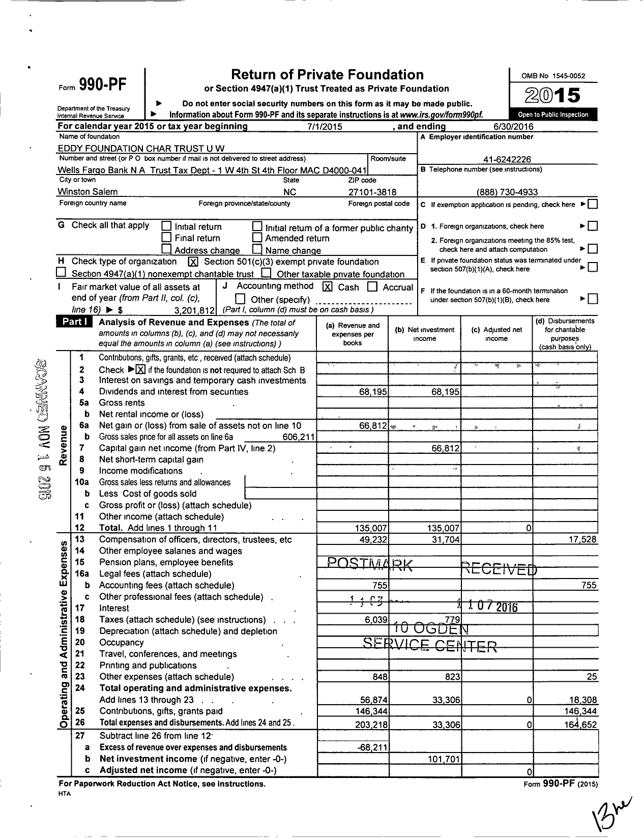 Image of first page of 2015 Form 990PF for Eddy Foundation Char Trust U W