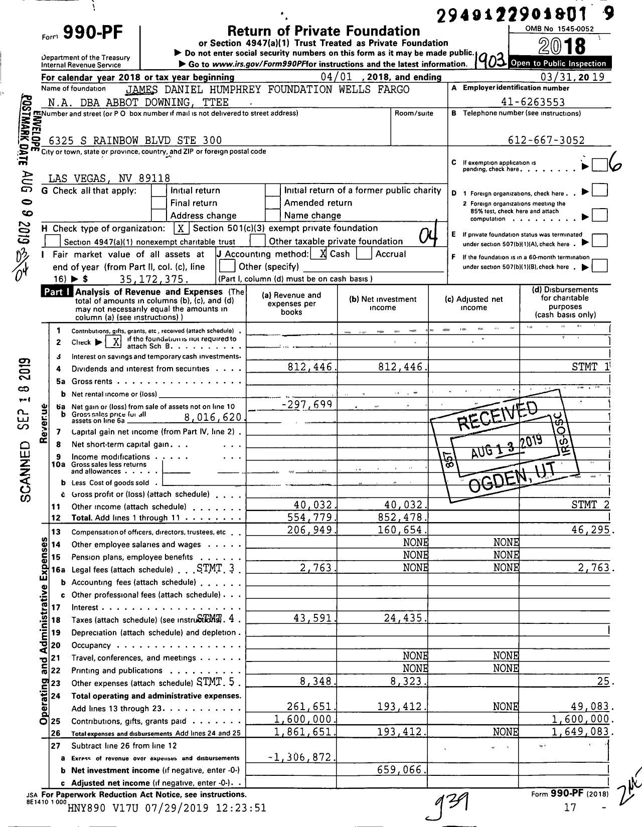 Image of first page of 2018 Form 990PF for James Daniel Humphrey Foundation Wells Fargo