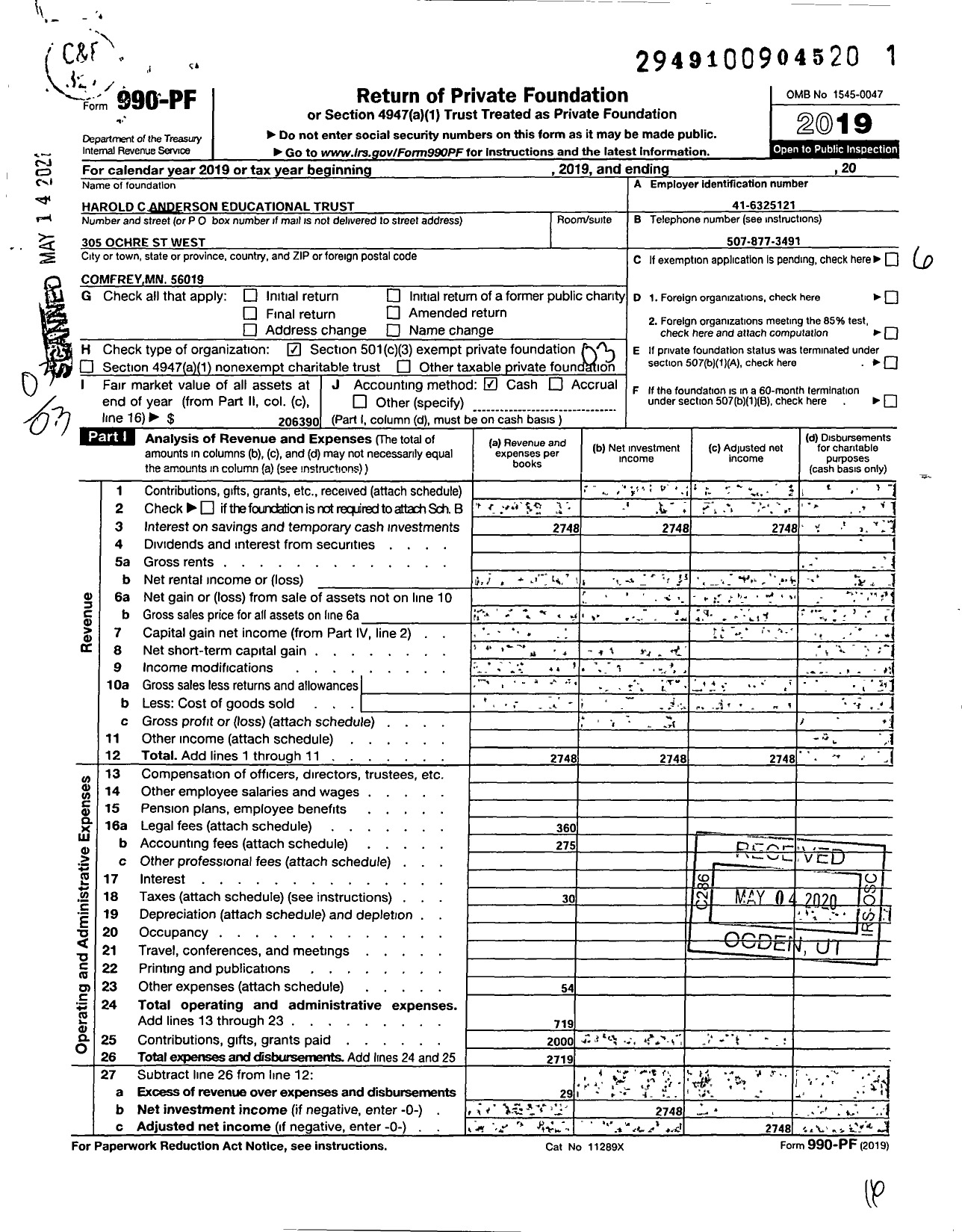 Image of first page of 2019 Form 990PF for Harold C Anderson Educational Trust