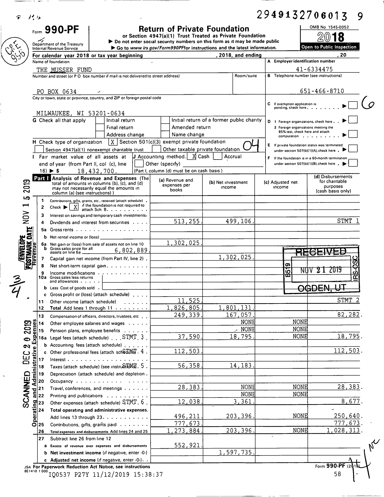 Image of first page of 2018 Form 990PF for The Musser Fund