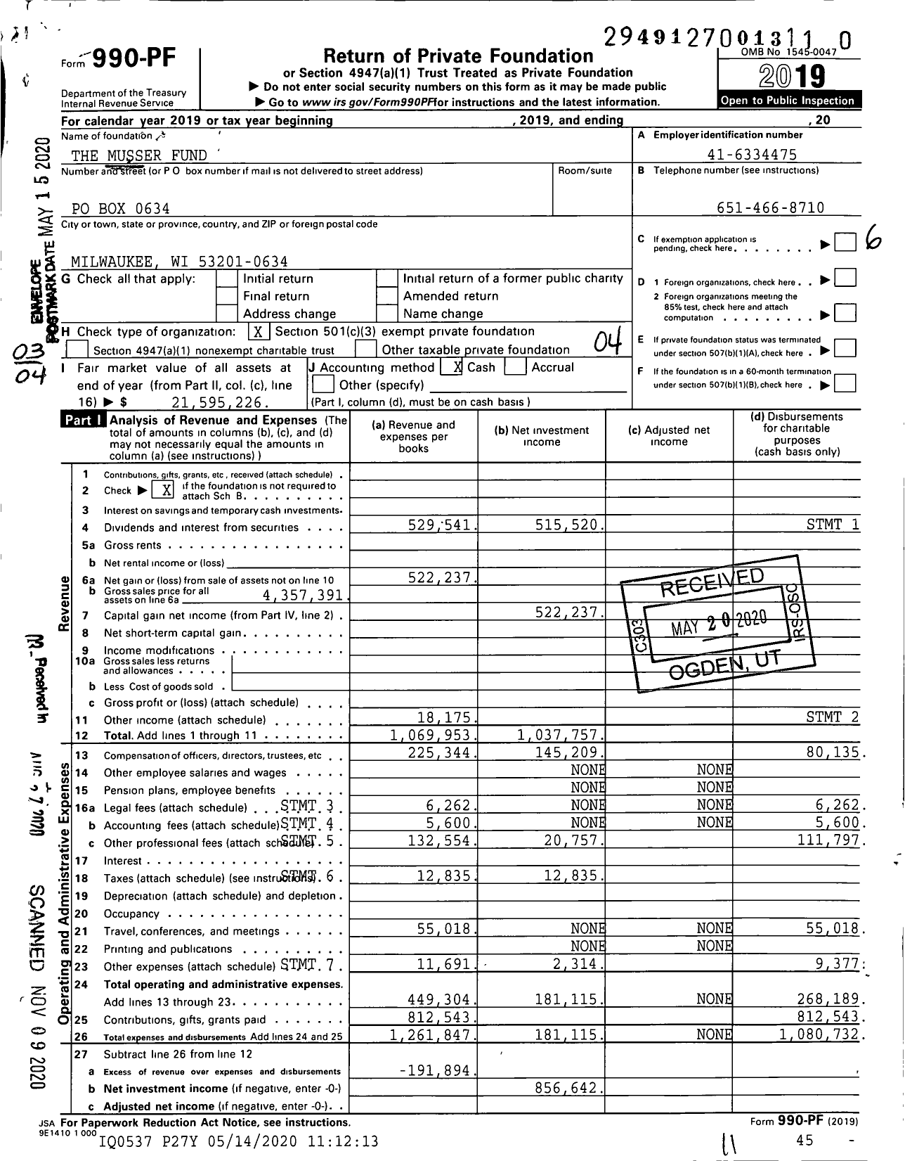 Image of first page of 2019 Form 990PF for The Musser Fund