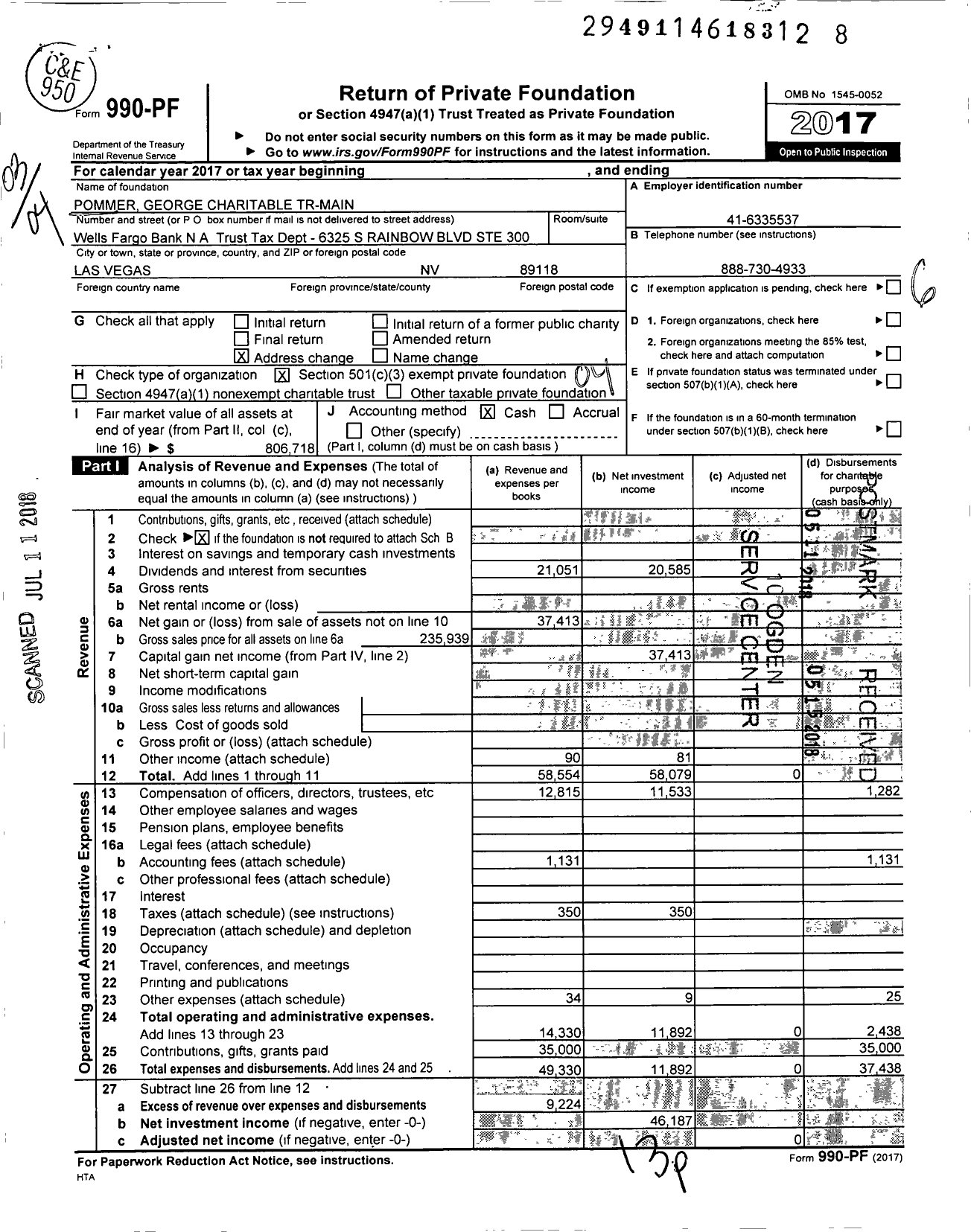 Image of first page of 2017 Form 990PF for Pommer George Charitable Tr-Main