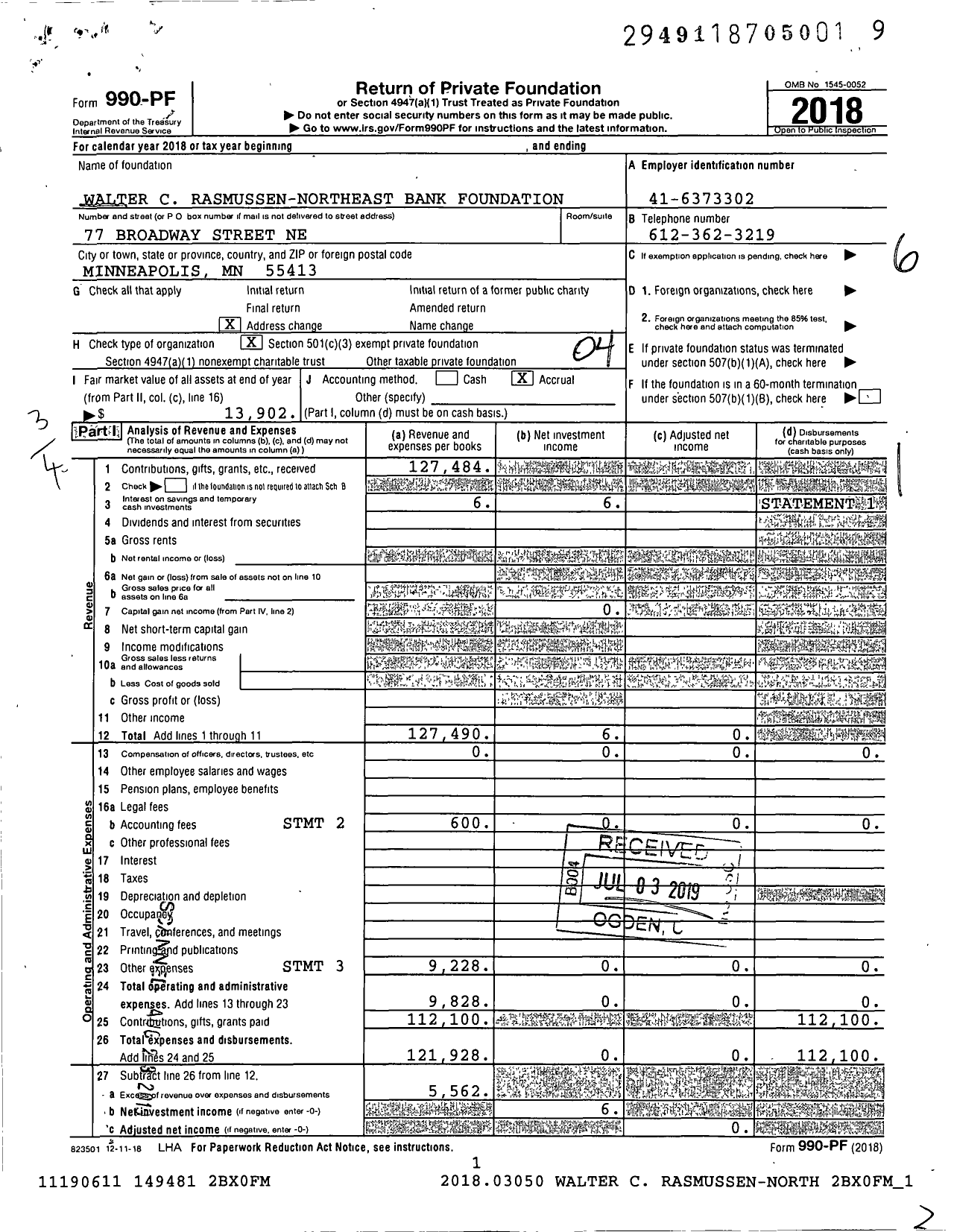 Image of first page of 2018 Form 990PF for Walter C Rasmussen - Northeast Bank Foundation