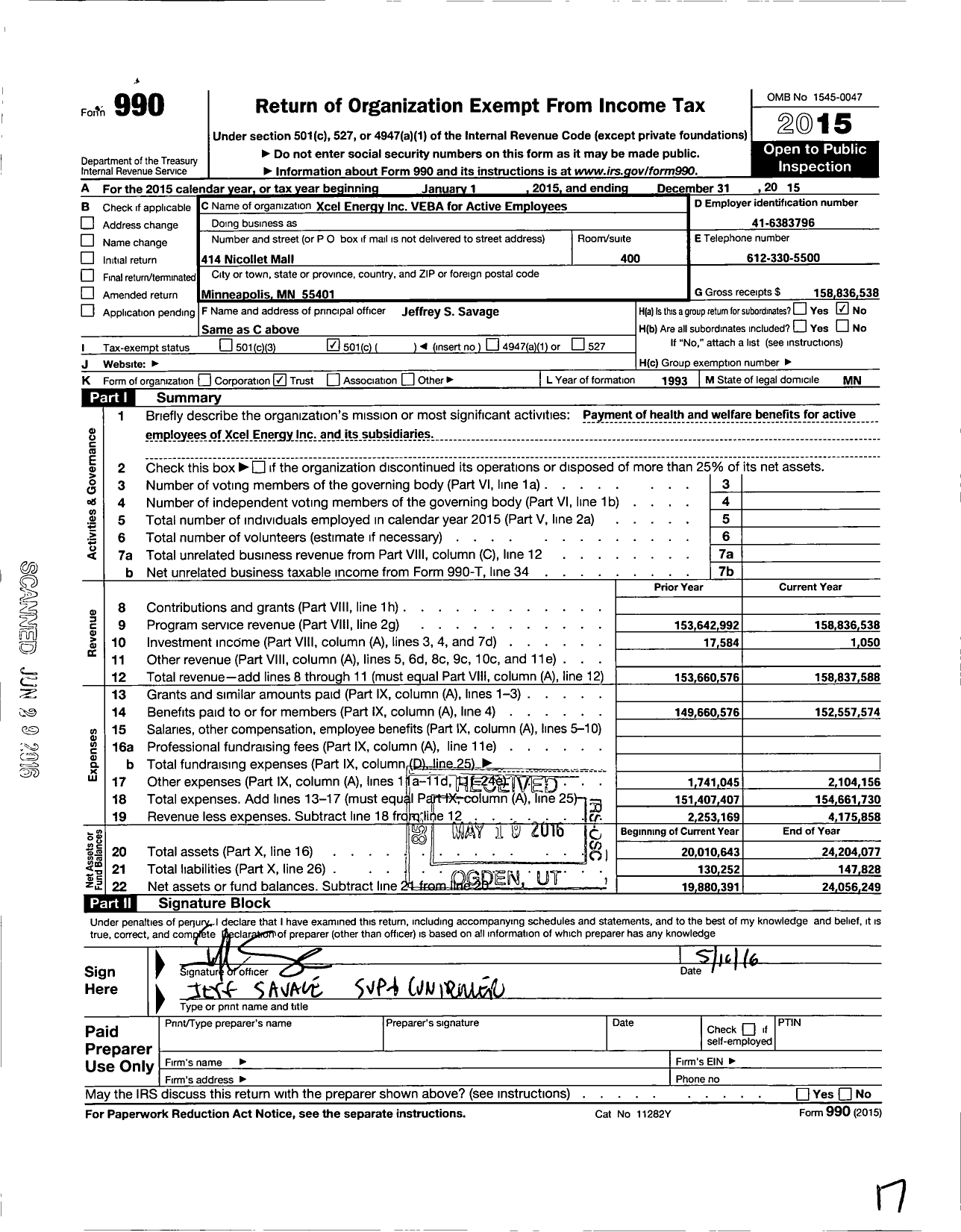 Image of first page of 2015 Form 990O for Xcel Energy Inc VEBA for Active Employees