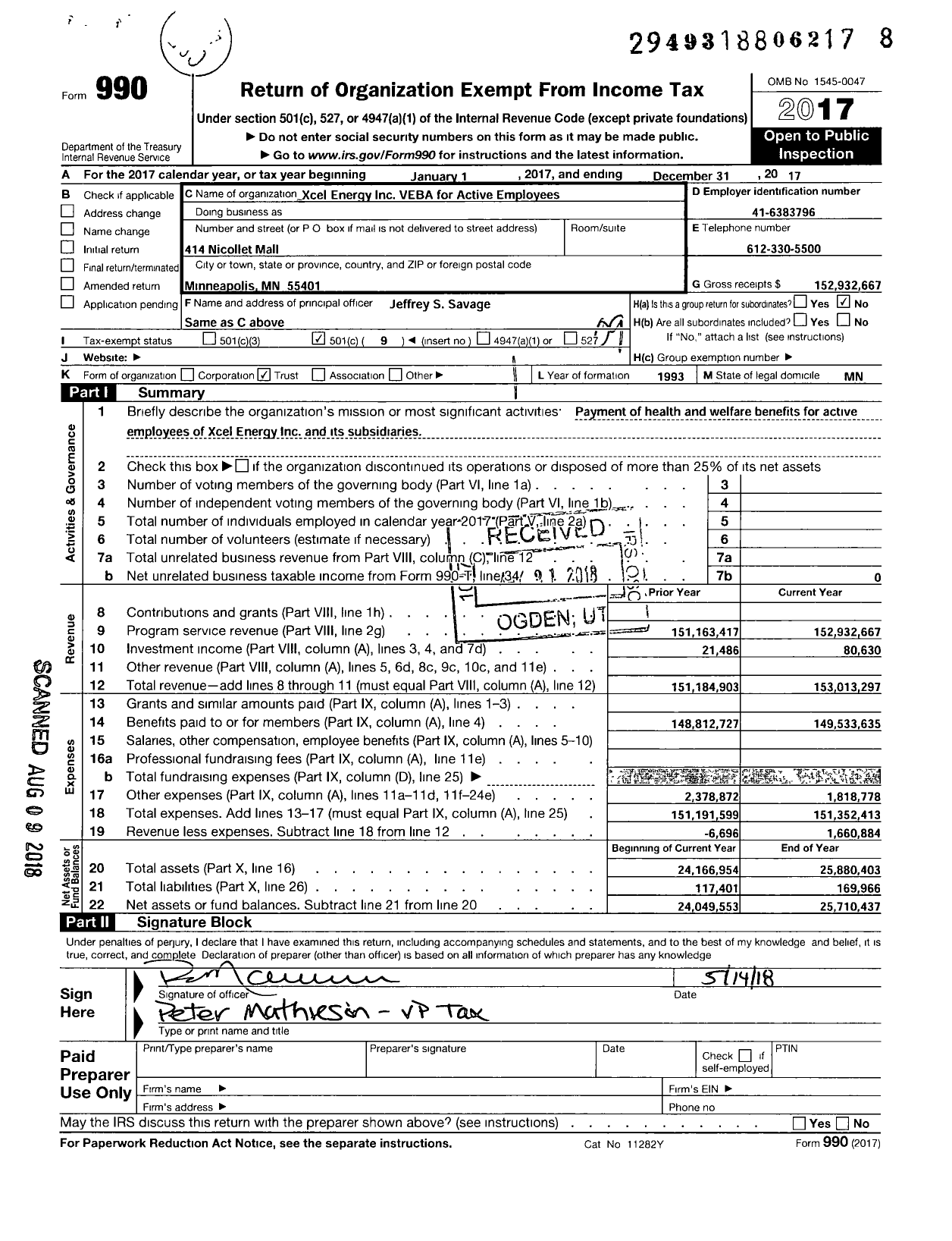 Image of first page of 2017 Form 990O for Xcel Energy Inc VEBA for Active Employees