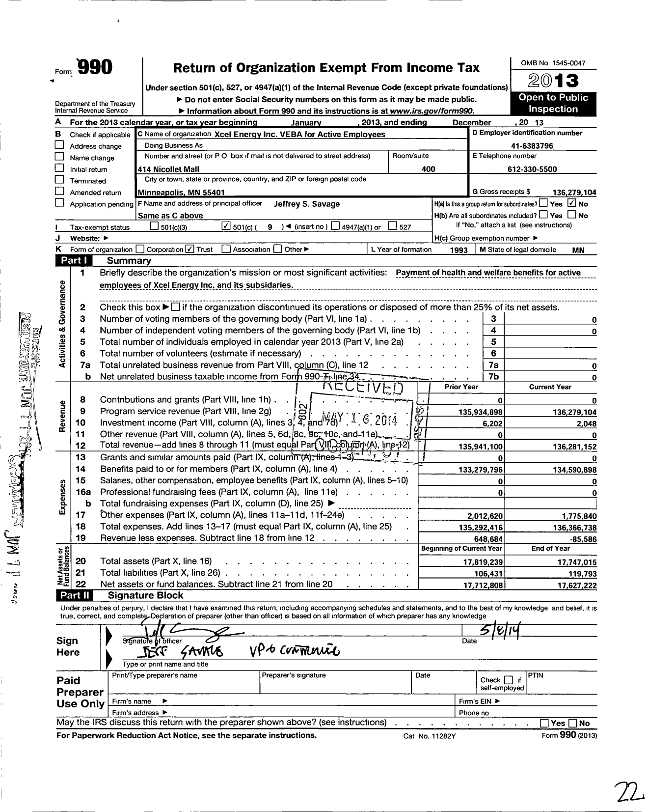 Image of first page of 2013 Form 990O for Xcel Energy Inc VEBA for Active Employees