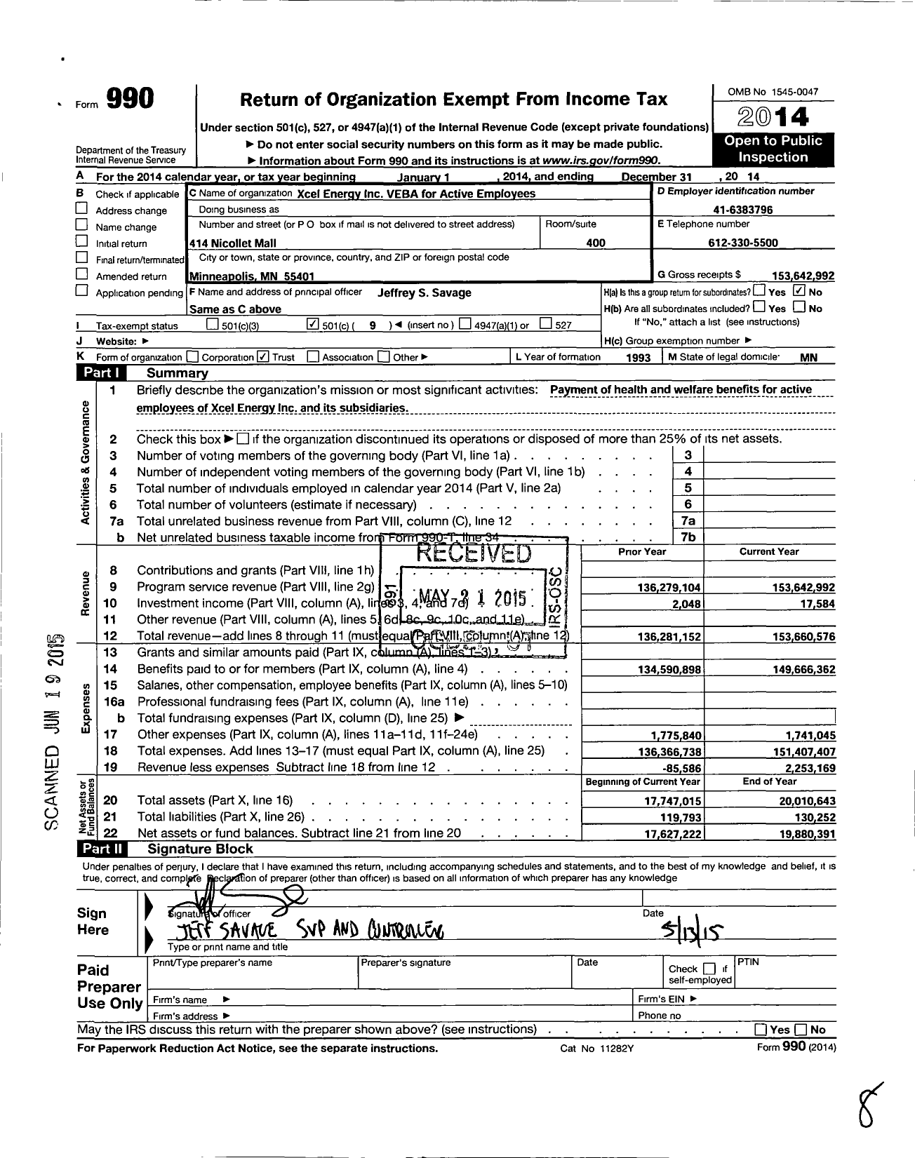 Image of first page of 2014 Form 990O for Xcel Energy Inc VEBA for Active Employees