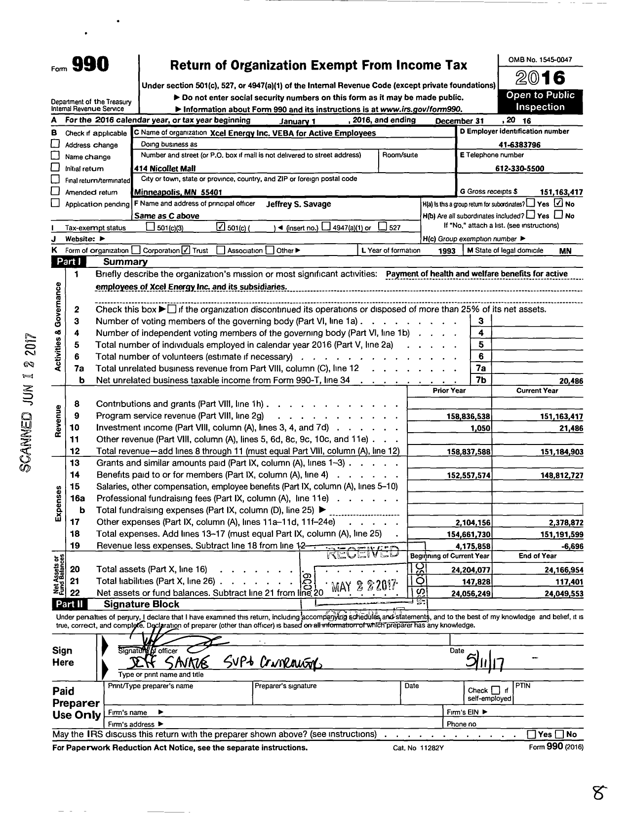 Image of first page of 2016 Form 990O for Xcel Energy Inc VEBA for Active Employees