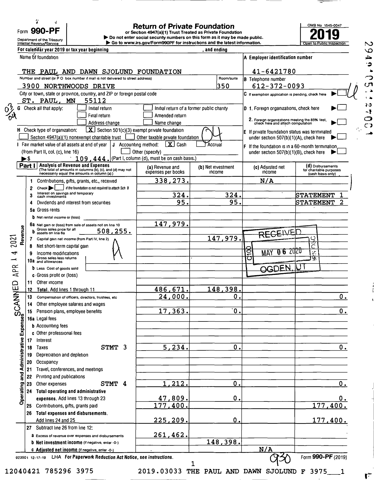 Image of first page of 2019 Form 990PF for The Paul and Dawn Sjolund Foundation