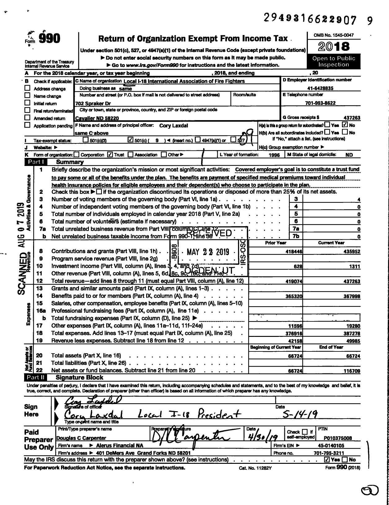 Image of first page of 2018 Form 990O for Local I-18 International Association of Fire Fighters