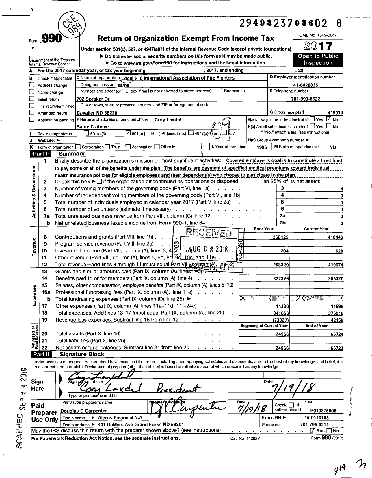 Image of first page of 2017 Form 990O for Local I-18 International Association of Fire Fighters