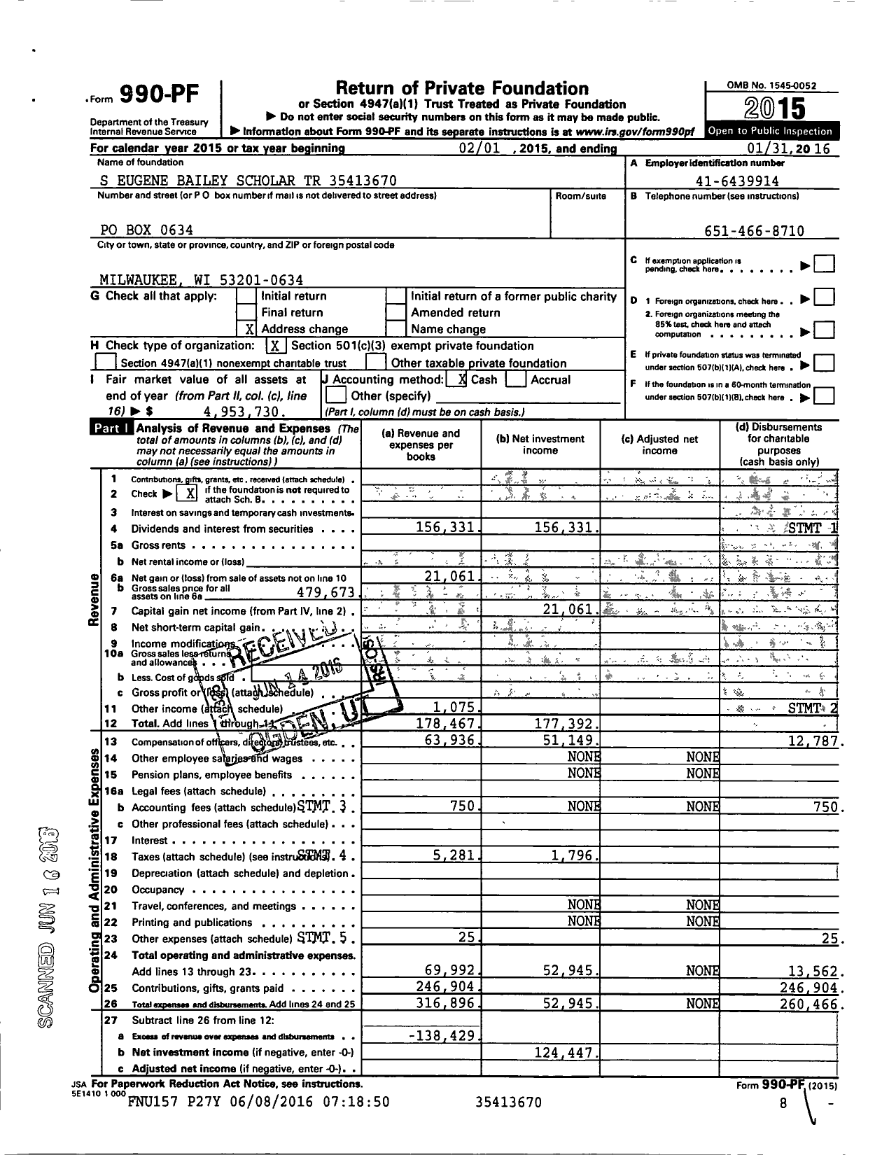Image of first page of 2015 Form 990PF for S Eugene Bailey Scholar Trust
