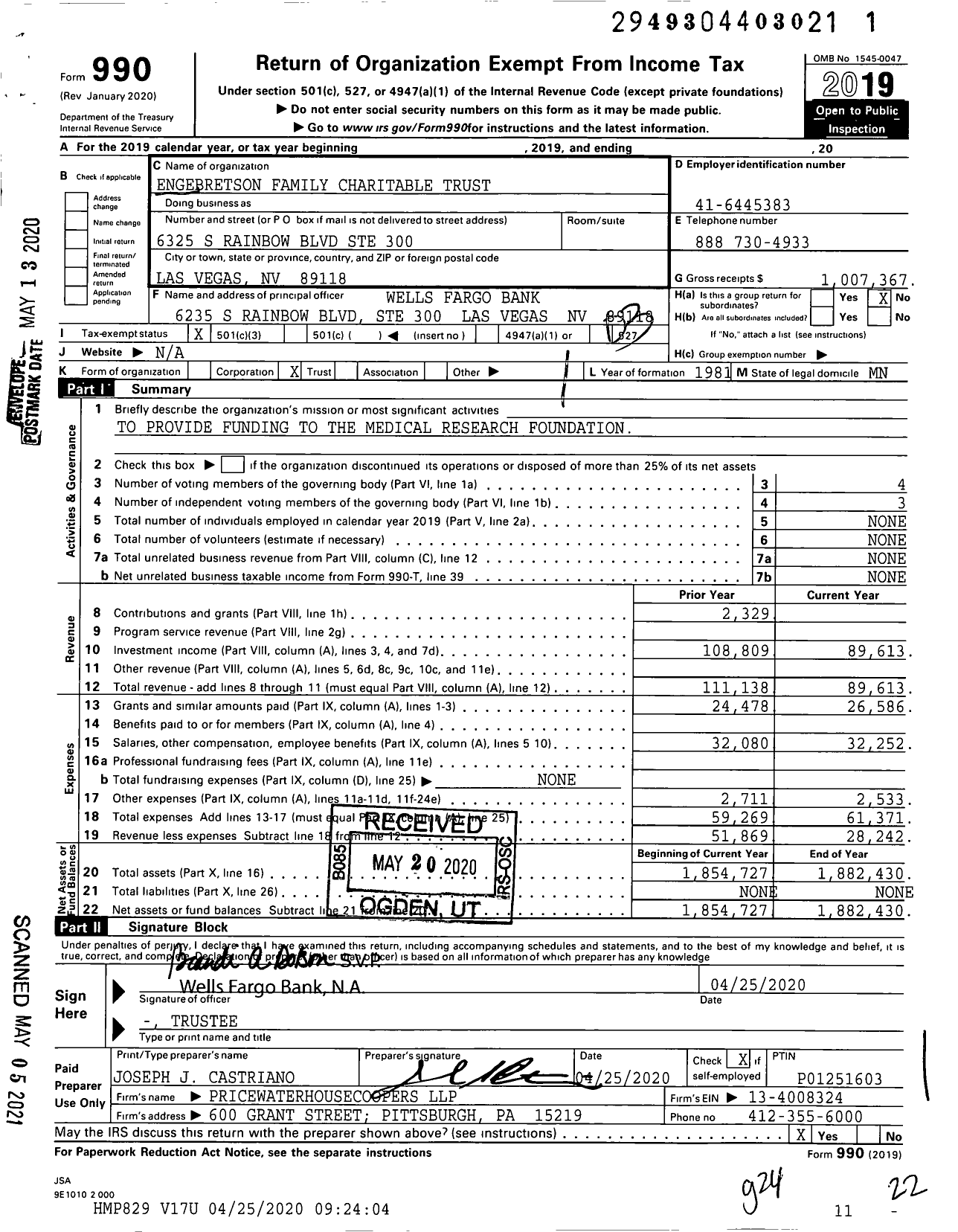 Image of first page of 2019 Form 990 for Engebretson Family Charitable Trust