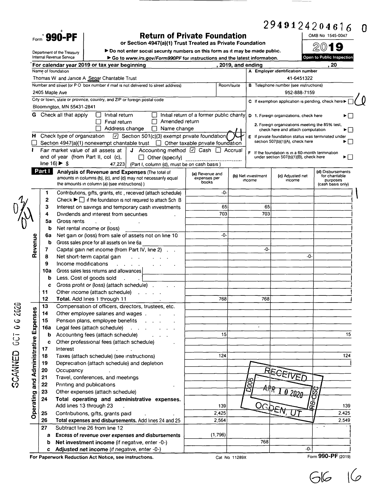 Image of first page of 2019 Form 990PR for Thomas W and Janice A Segar Charitable Trust