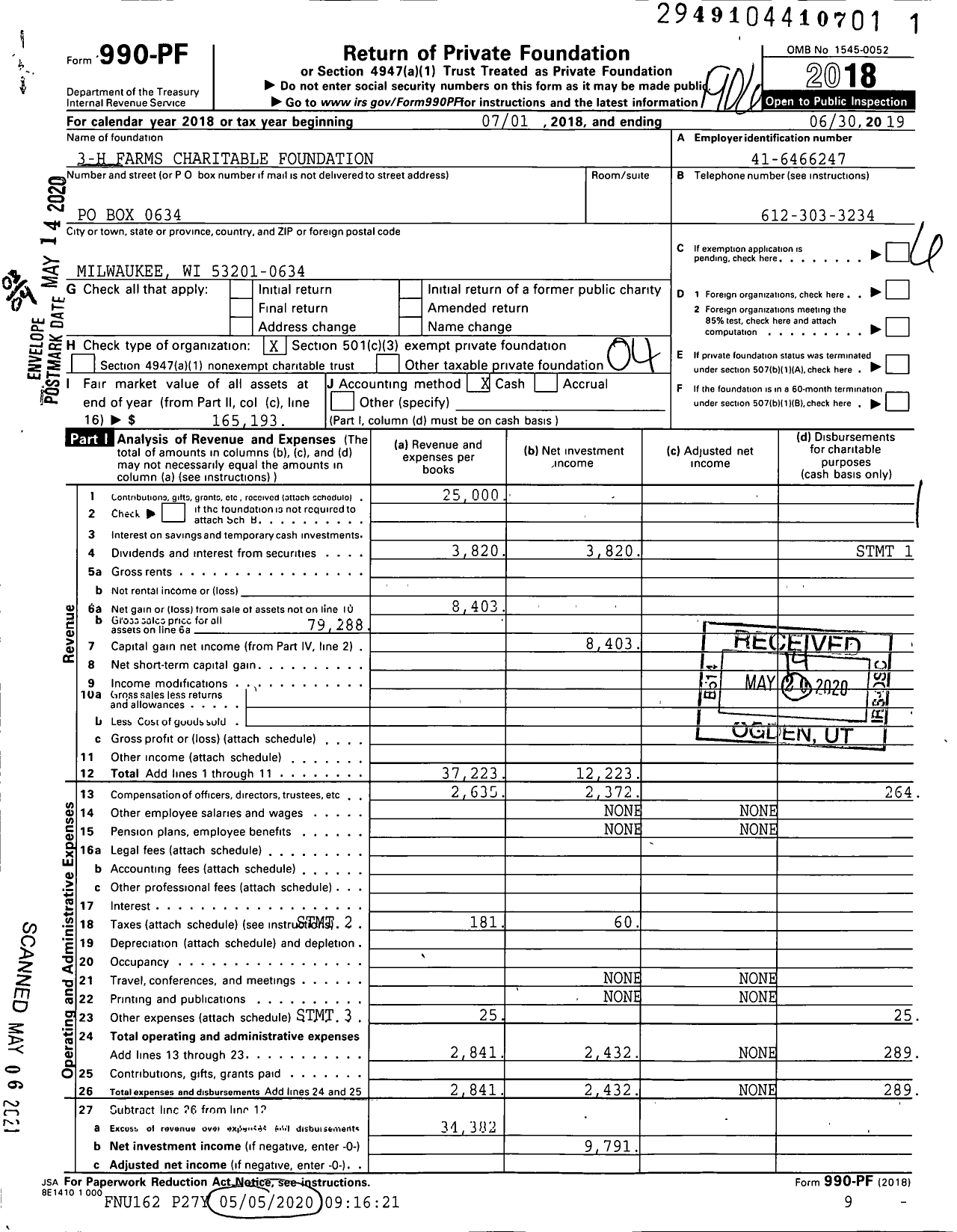 Image of first page of 2018 Form 990PF for 3-h Farms Charitable Foundation