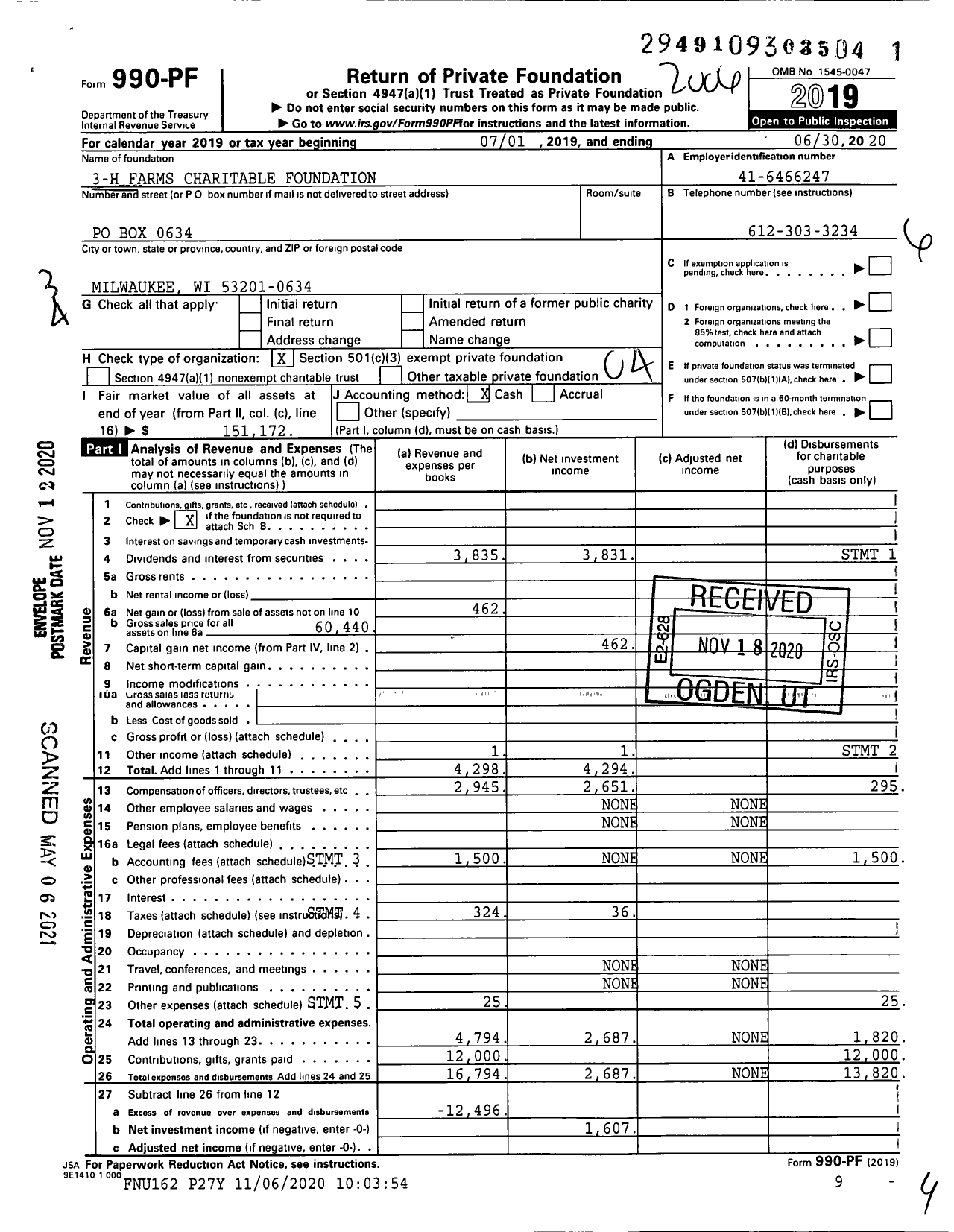 Image of first page of 2019 Form 990PF for 3-h Farms Charitable Foundation