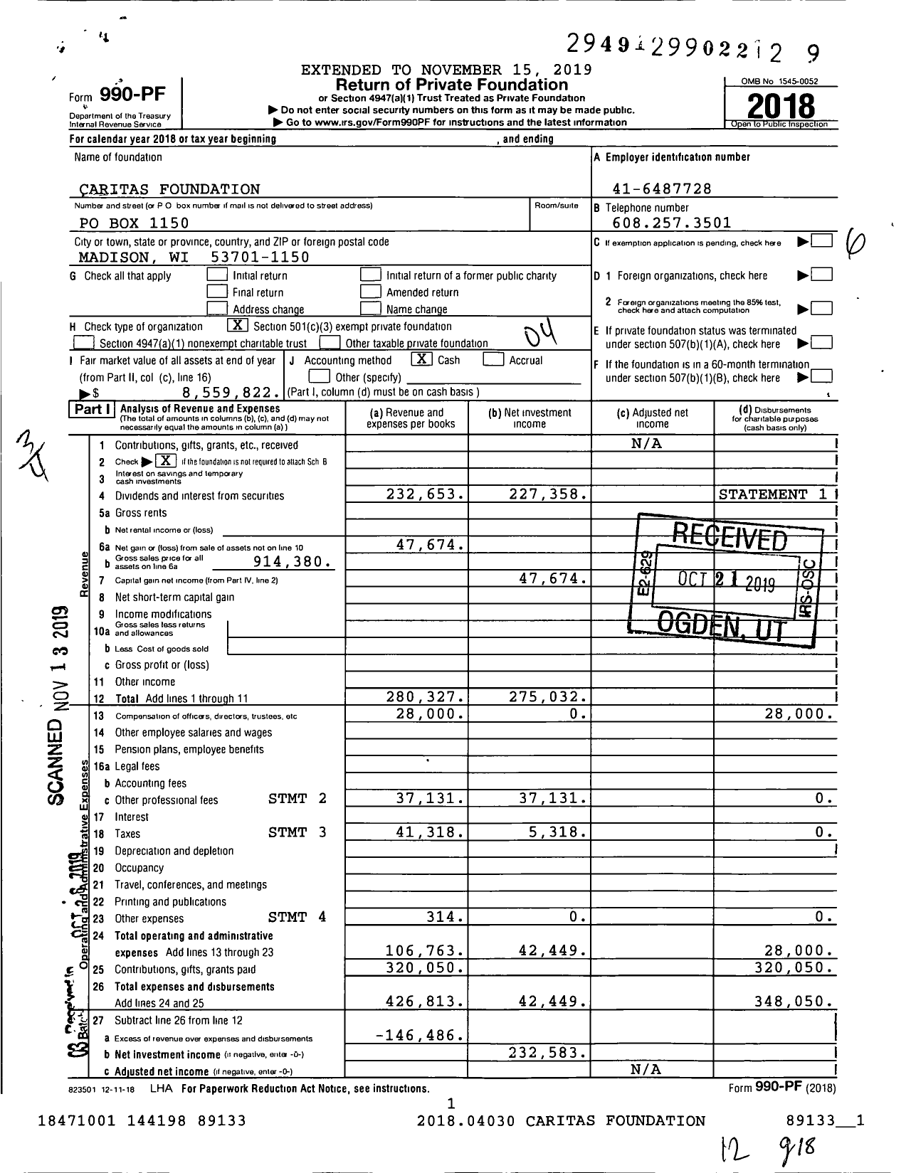 Image of first page of 2018 Form 990PF for Caritas Foundation
