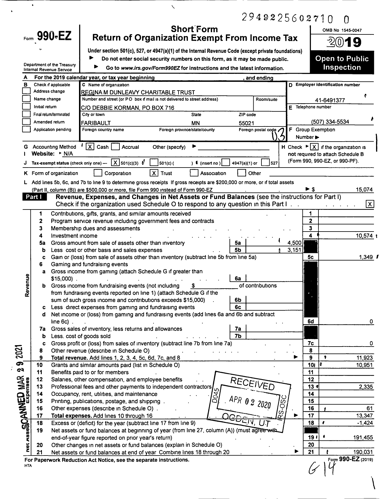 Image of first page of 2019 Form 990EZ for Regina M Dunleavy Charitable Trust