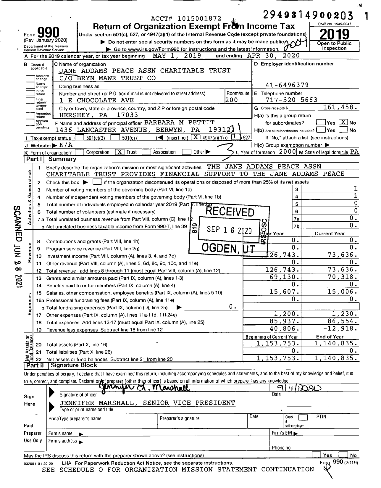 Image of first page of 2019 Form 990O for Jane Addams Peace Association Charitable Trust