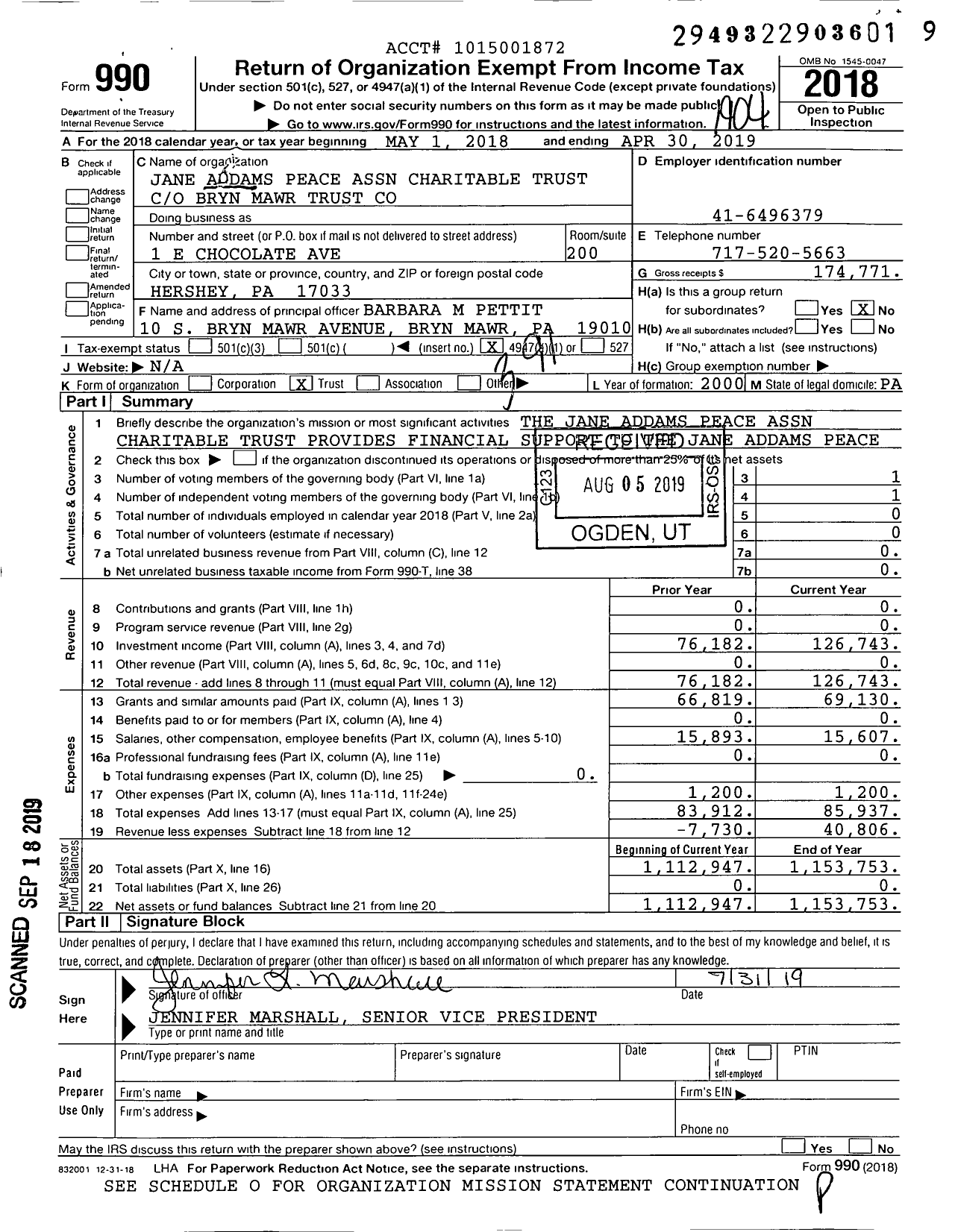 Image of first page of 2018 Form 990O for Jane Addams Peace Association Charitable Trust