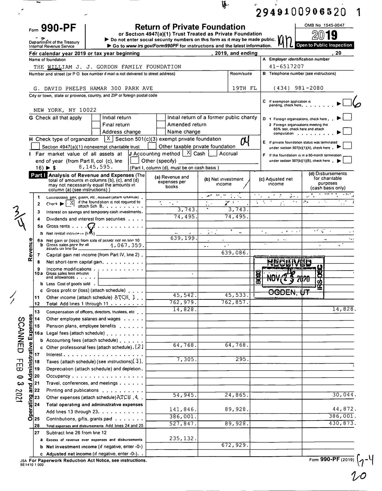 Image of first page of 2019 Form 990PF for The William J J Gordon Family Foundation